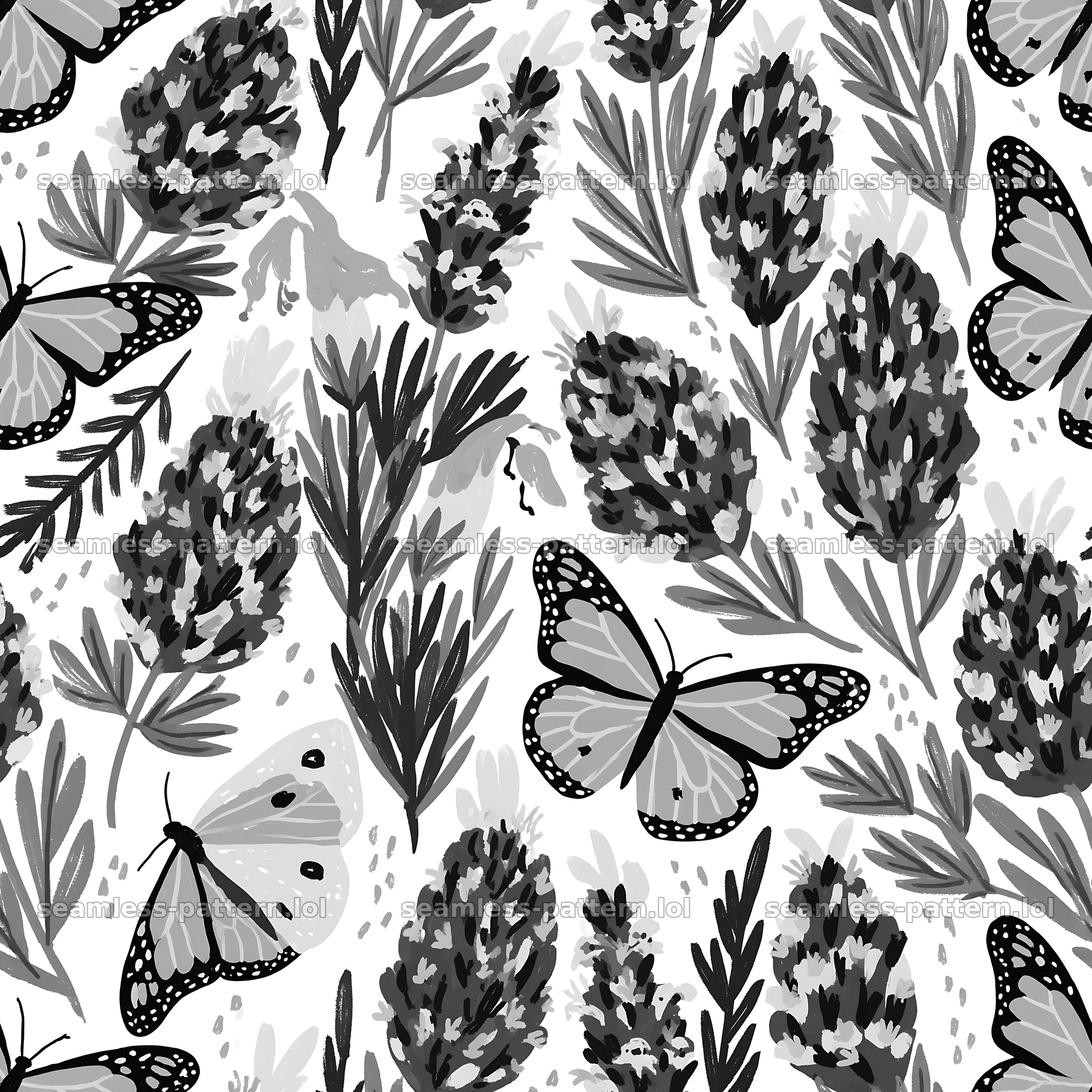 Butterfly and lavender seamless pattern in black and white — seamless tileable pattern