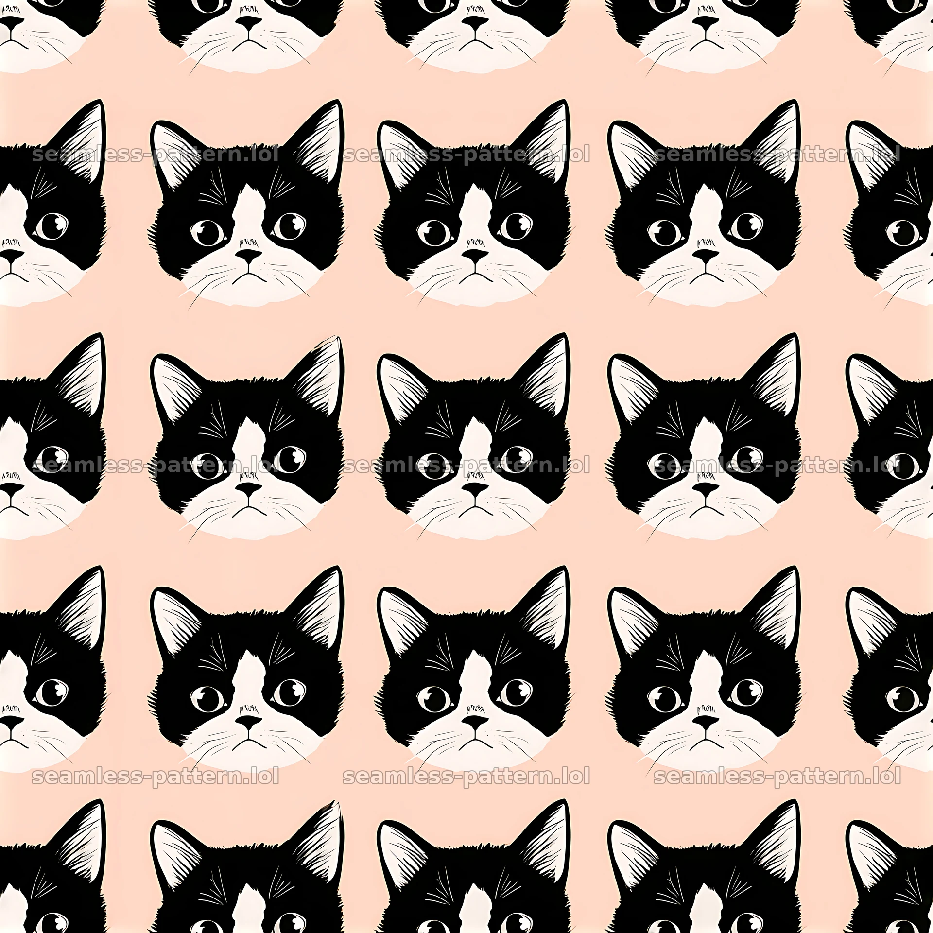 Cute kitten faces seamless pattern with playful expressions in black and white — seamless tileable pattern at 8192x8192