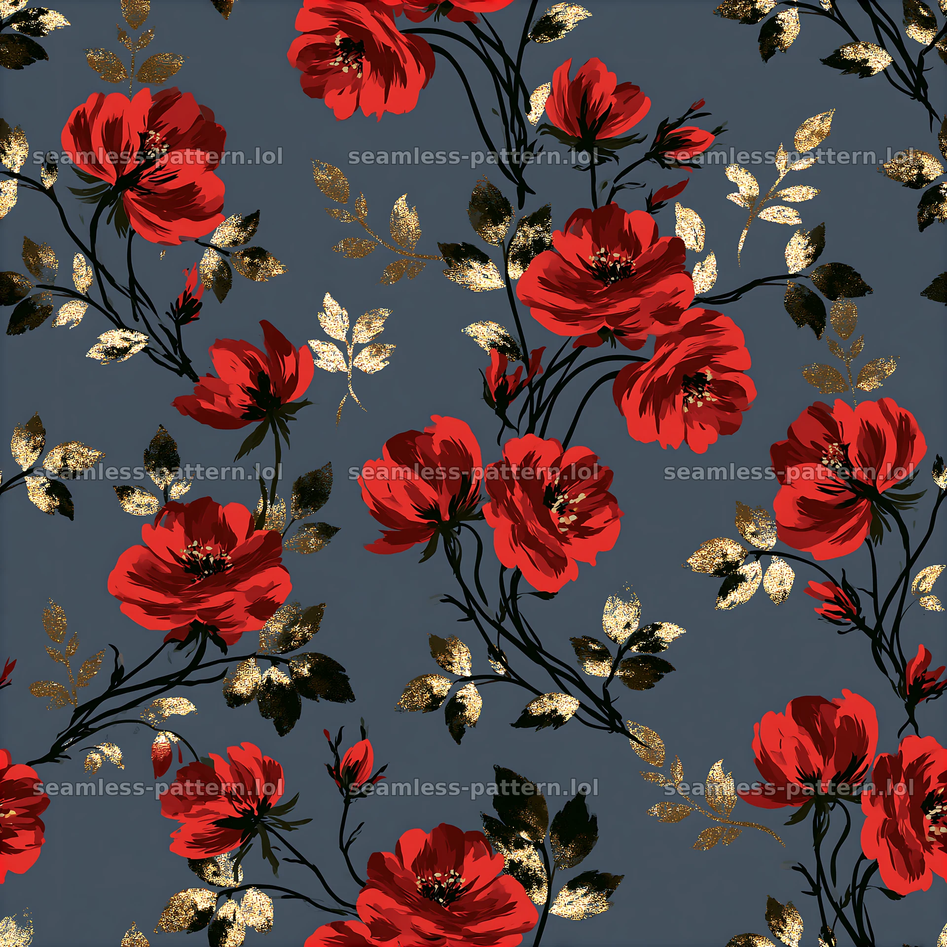 Wildflower black red gold repeating pattern with floral motifs on gray — seamless tileable pattern at 8192x8192