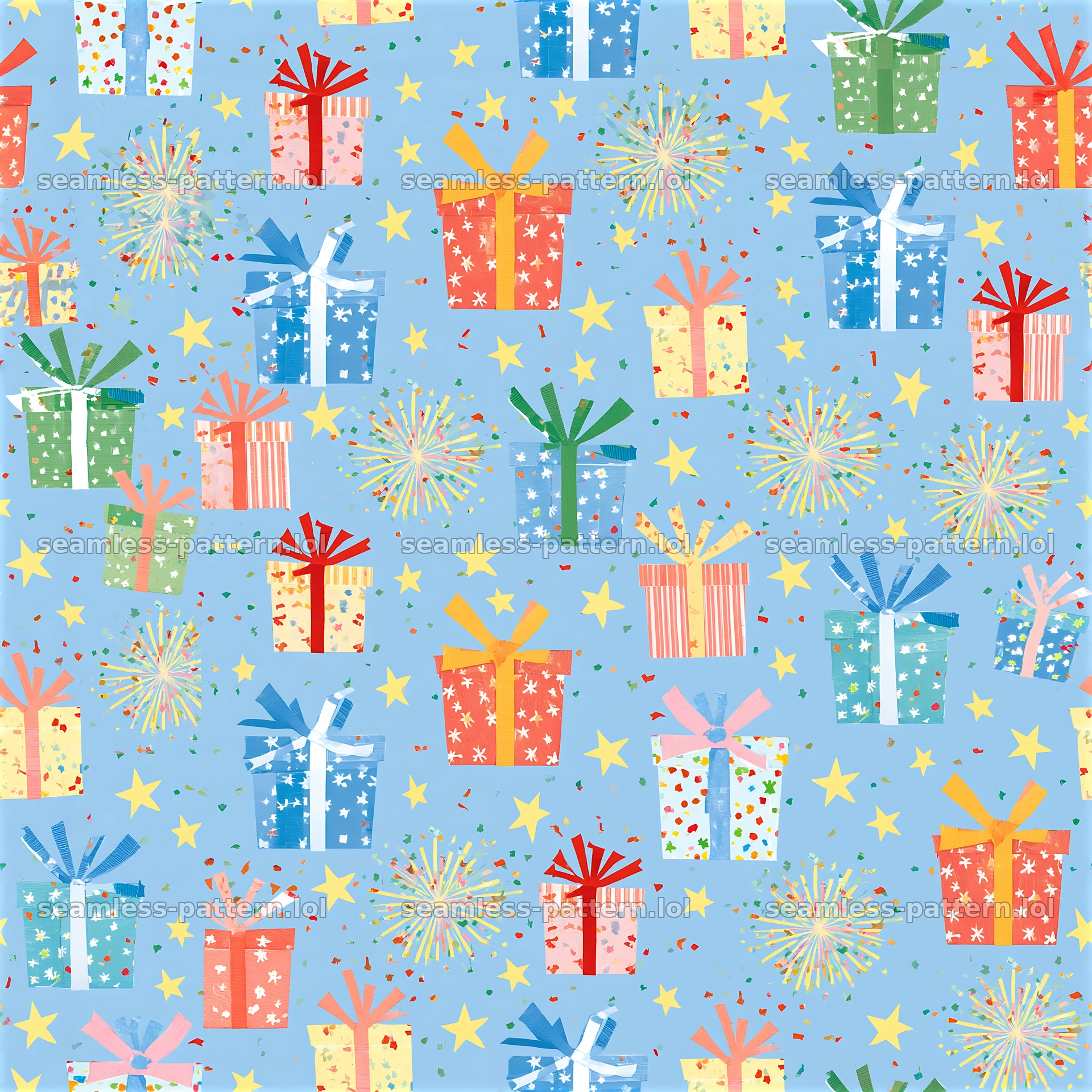 Pattern/birthday scrapbook repeat pattern with colorful gift boxes — seamless tileable pattern at 8192x8192