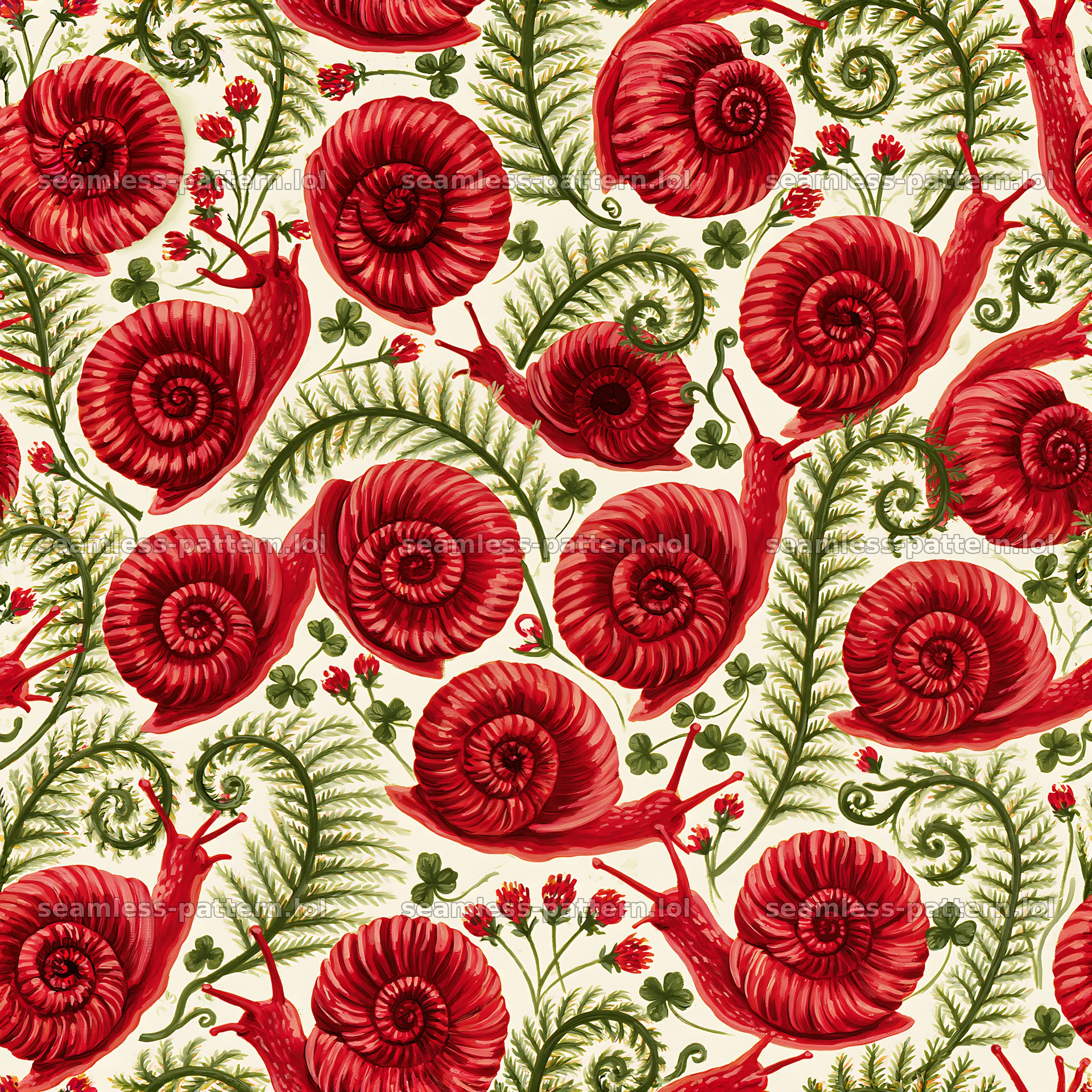 Red garden snail repeat pattern for fabric — seamless tileable pattern