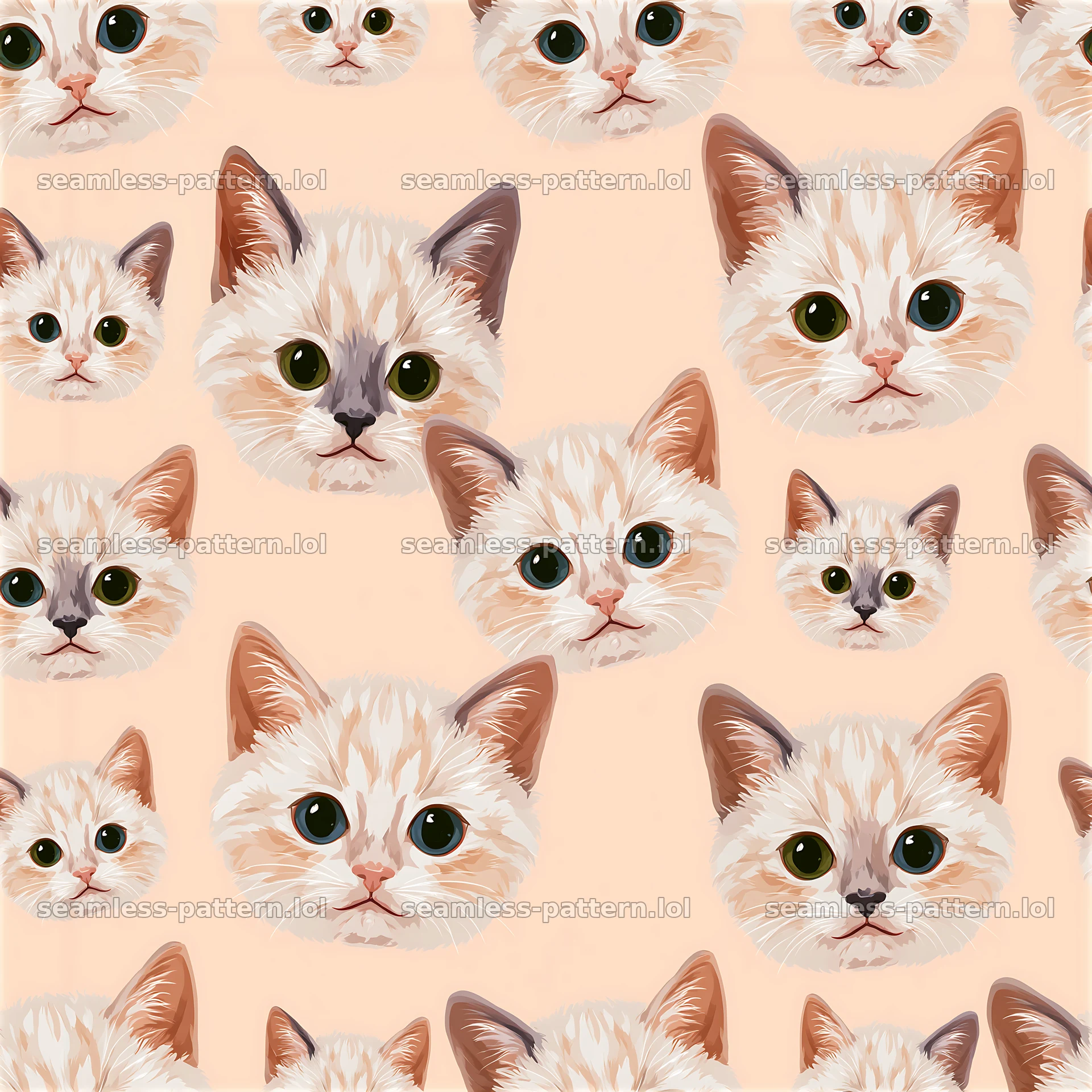 Cute kitten faces seamless pattern on soft pink background — seamless tileable pattern at 8192x8192