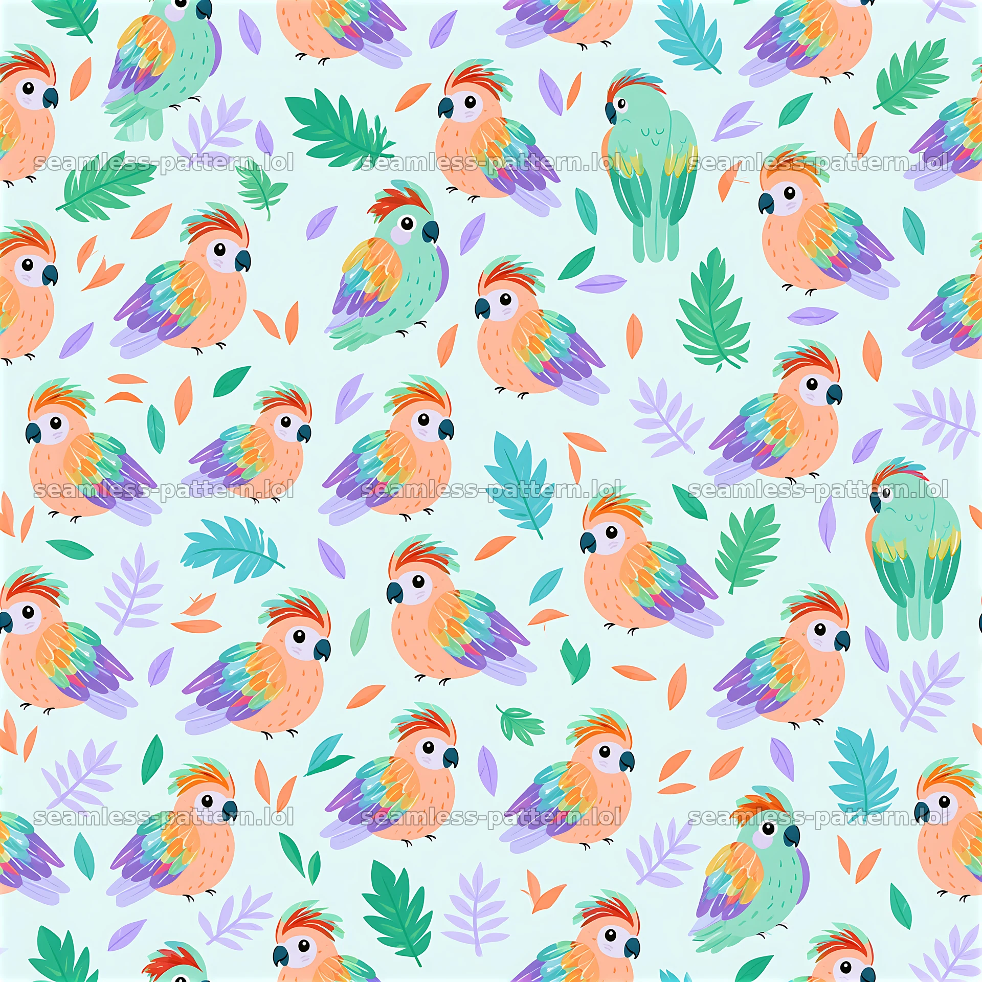 Funky parrots seamless pattern with colorful birds and leaves — seamless tileable pattern at 8192x8192
