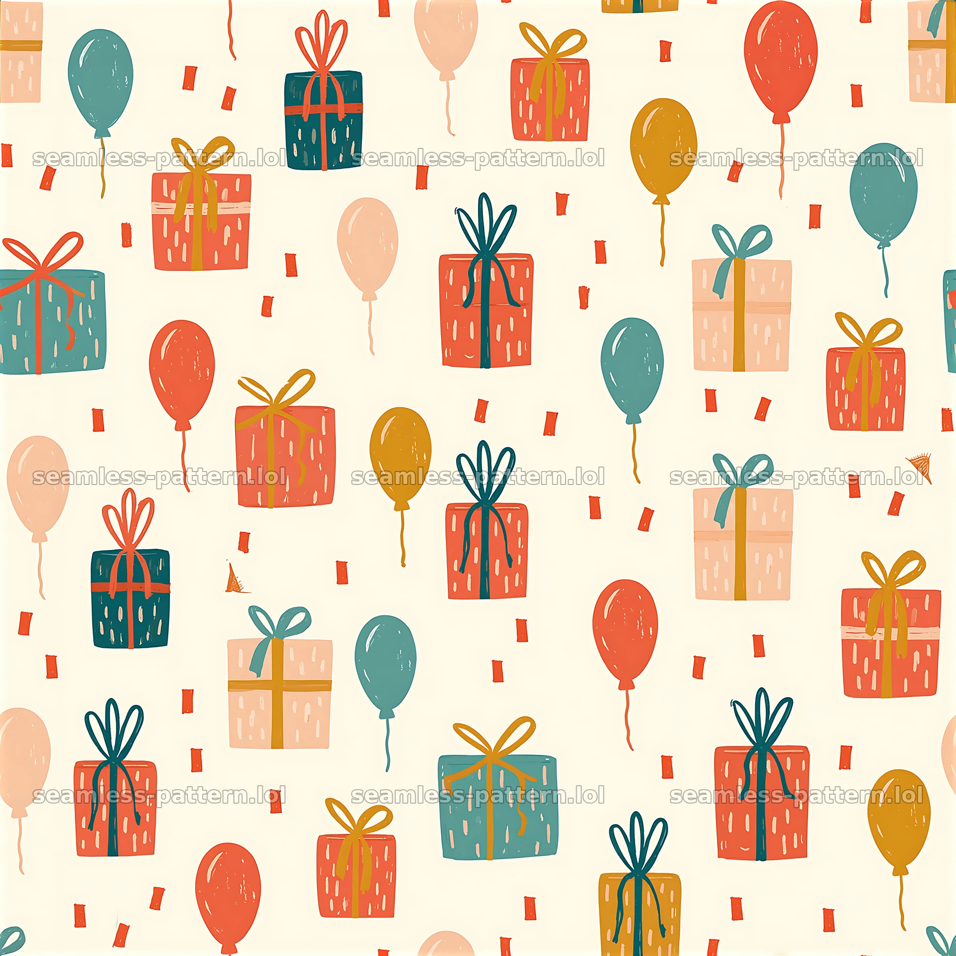Seamless pattern with gift boxes and balloons in playful colors — seamless tileable pattern at 8192x8192