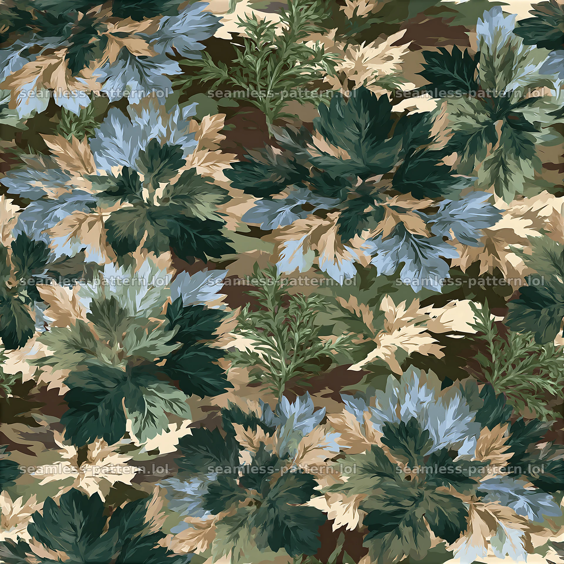 Repeat leafy camouflage pattern with shades of green and brown — seamless tileable pattern at 8192x8192