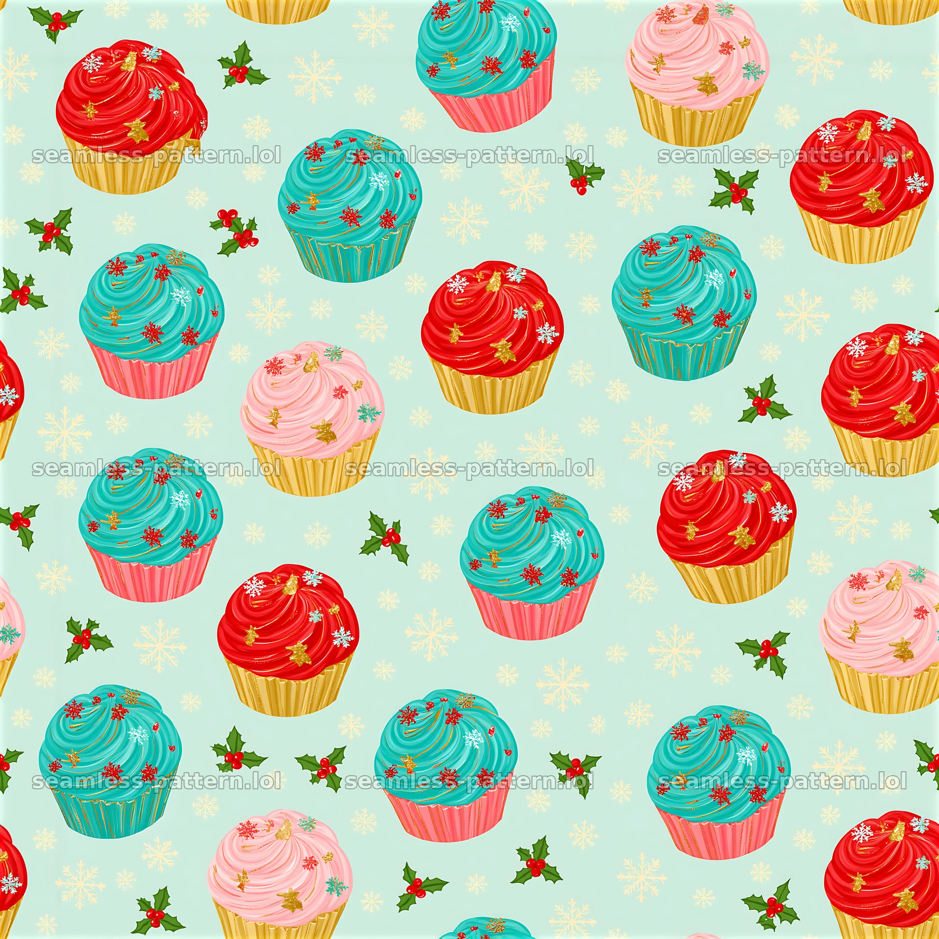 Colorful Christmas seamless pattern with colorful cupcakes — seamless tileable pattern at 8192x8192