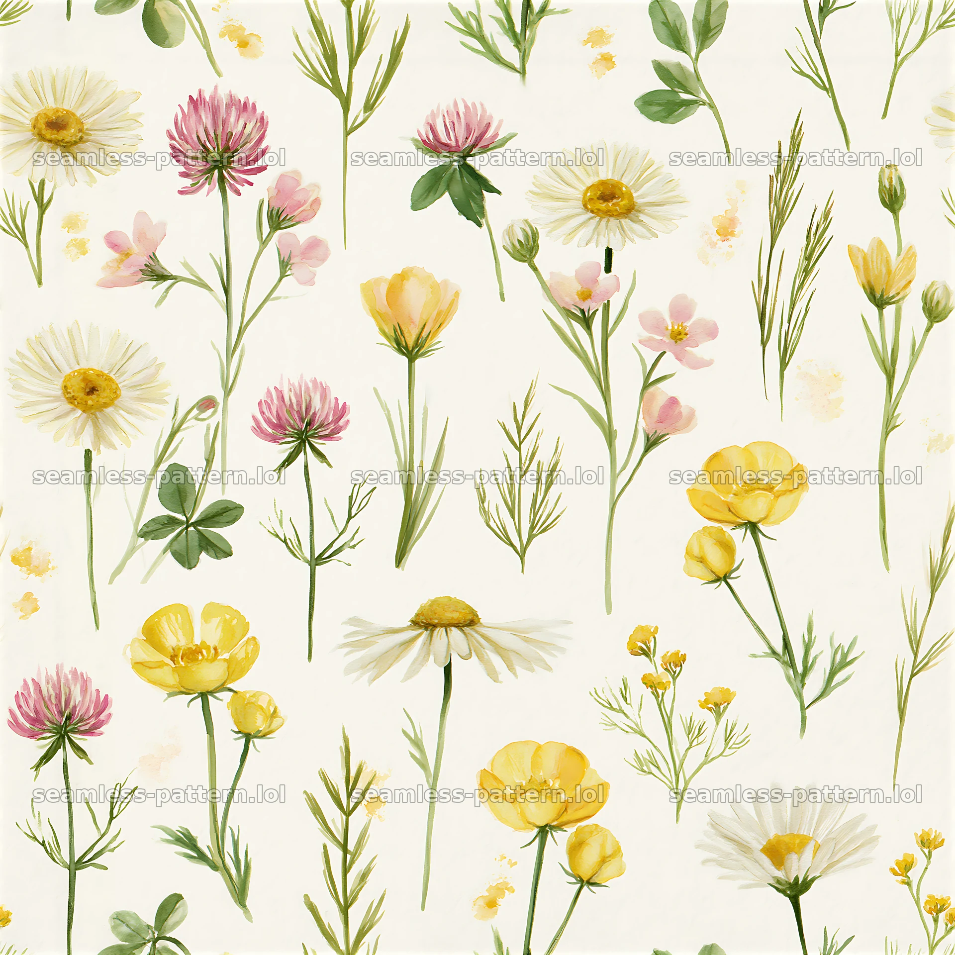 Tileable watercolor meadow flower pattern with various blooms — seamless tileable pattern at 8192x8192