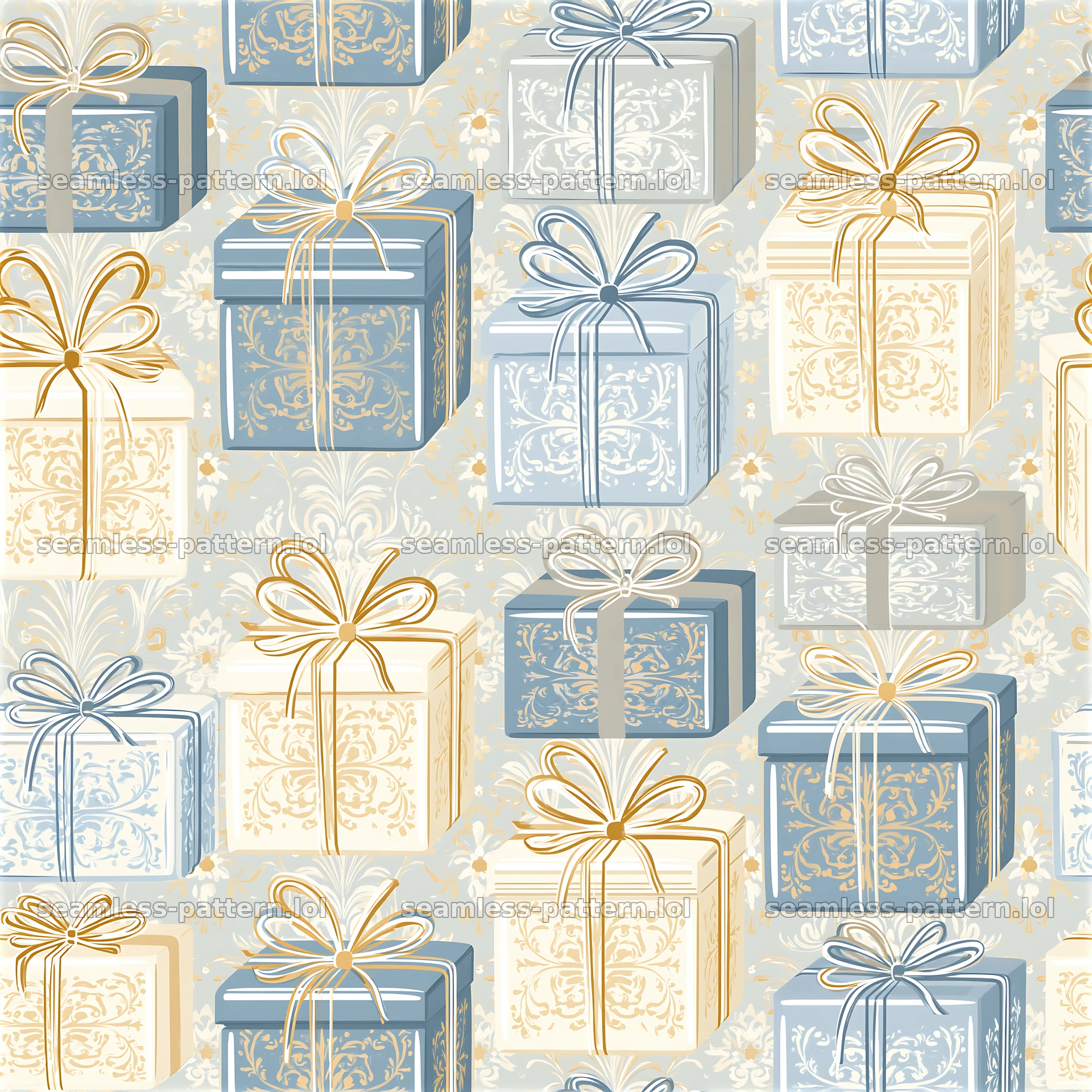 Repeating pattern with decorative presents in blue and gold colors — seamless tileable pattern at 8192x8192