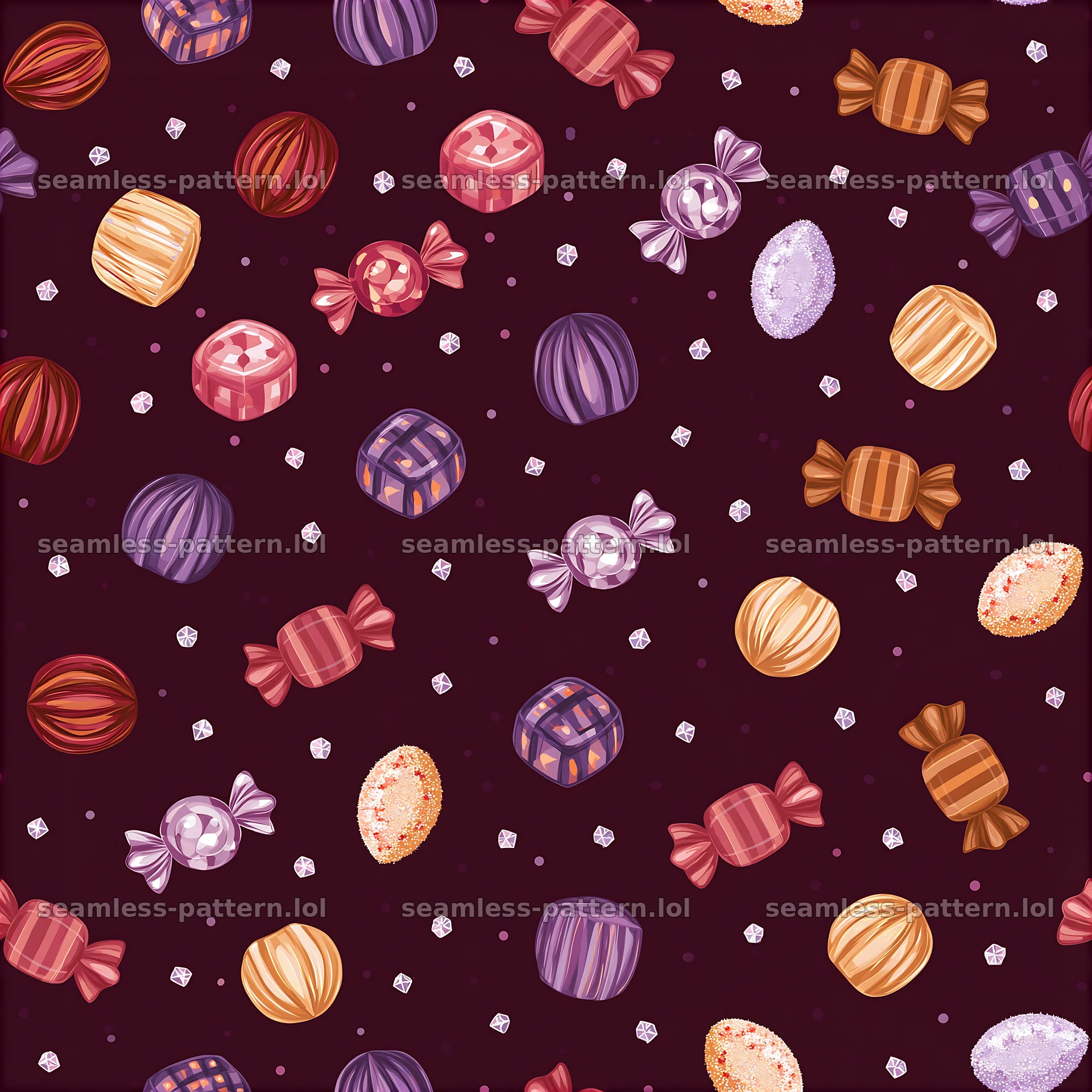 Birthday candy seamless pattern with various colorful sweets — seamless tileable pattern at 8192x8192