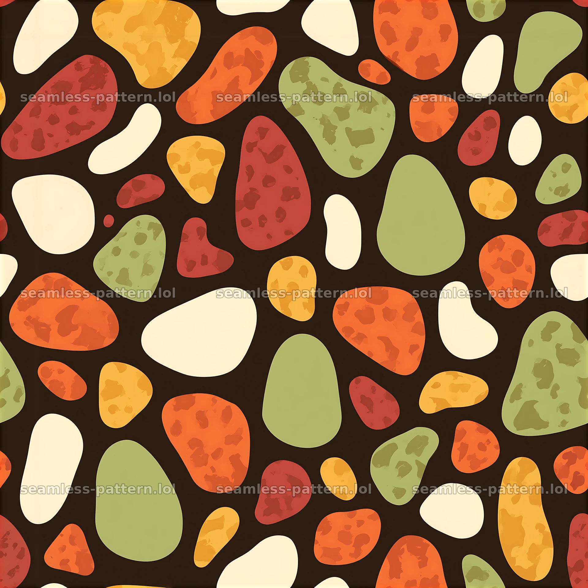 Colorful irregular spots seamless pattern in earthy tones on dark background — seamless tileable pattern at 8192x8192