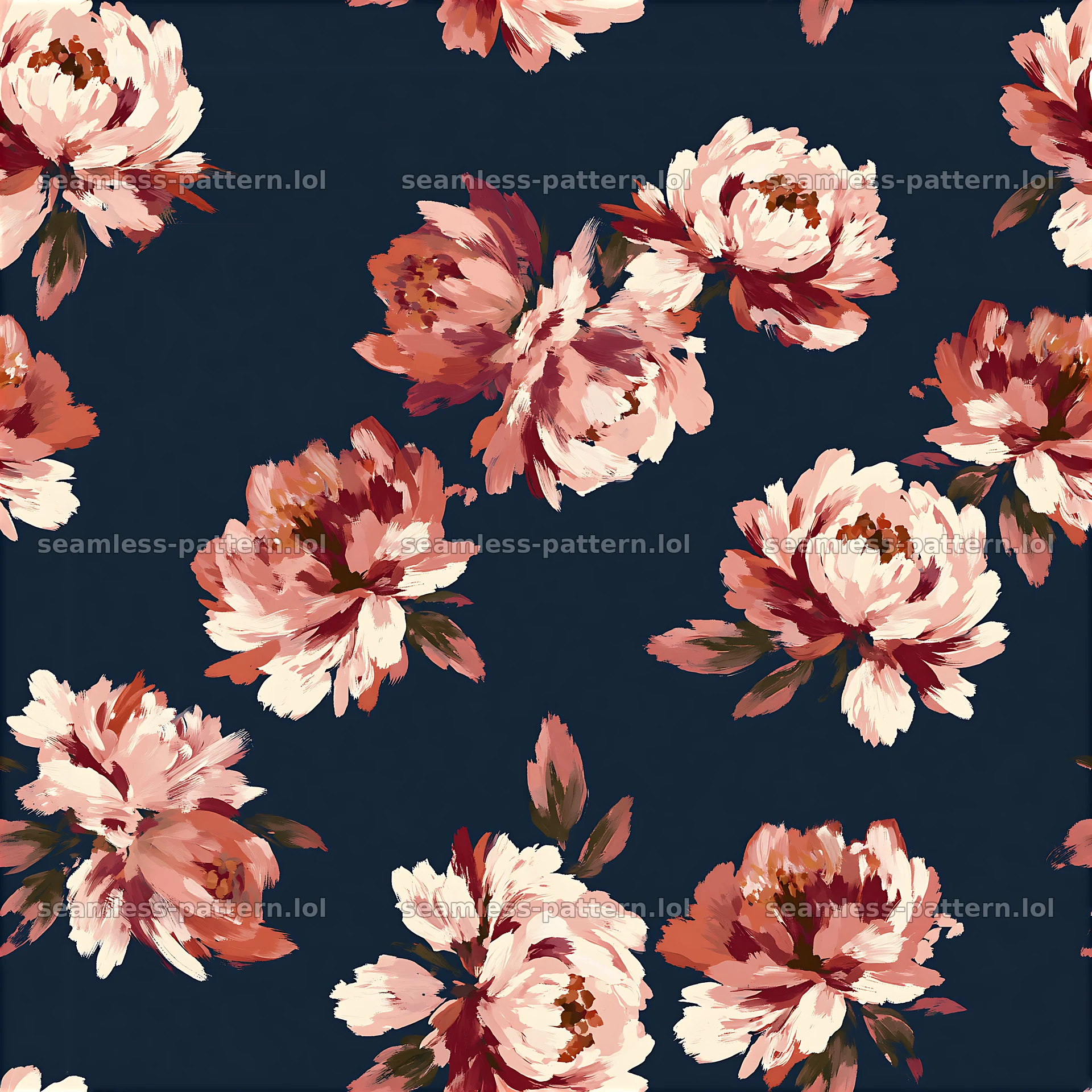 Seamless peony brushstroke pattern on dark background — seamless tileable pattern at 8192x8192
