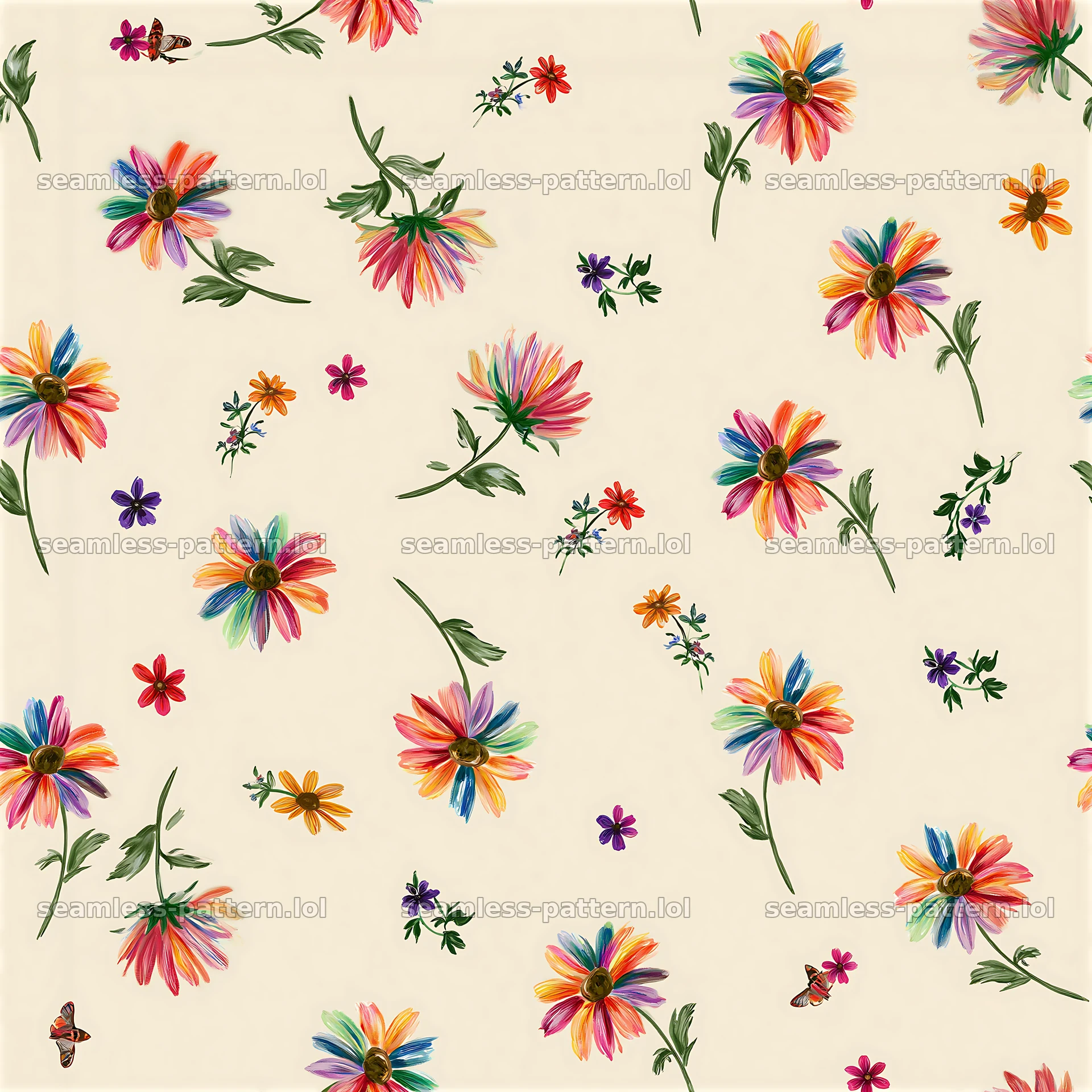 Rainbow flower tileable pattern with various colorful flowers — seamless tileable pattern at 8192x8192