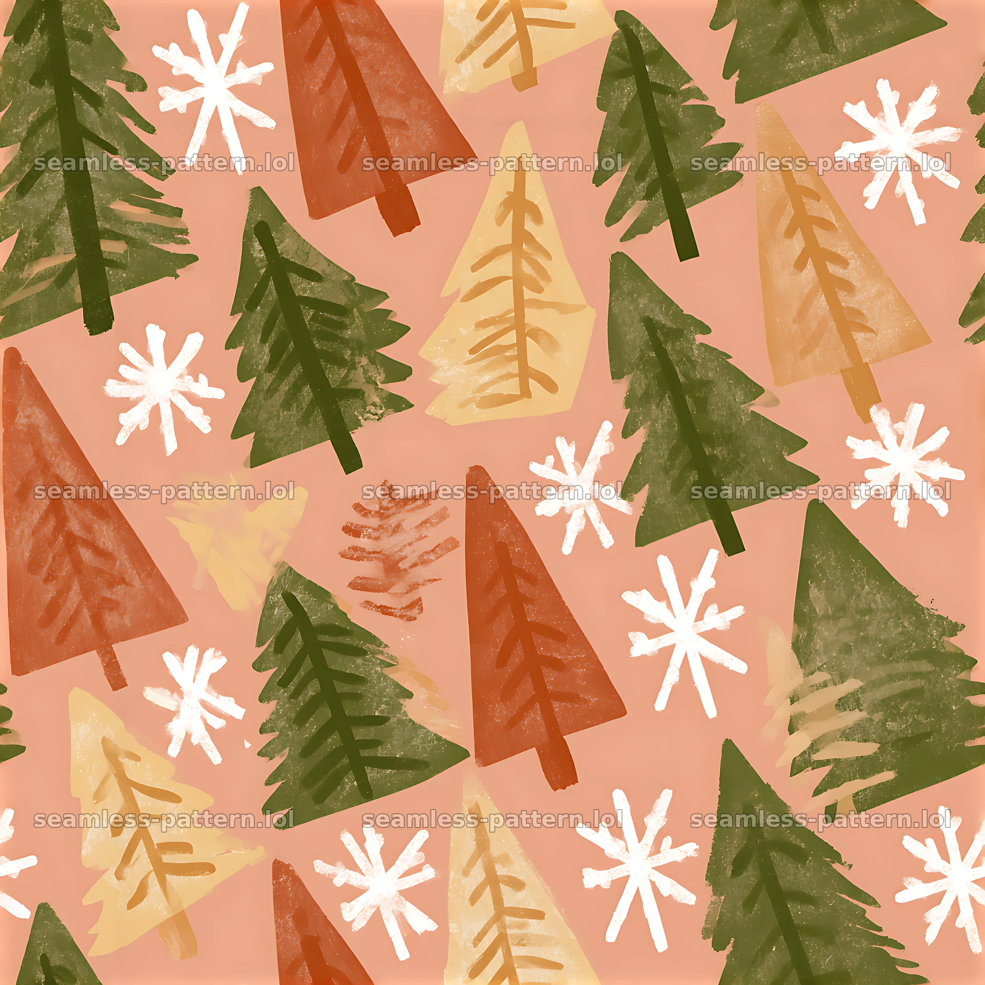 Seamless Christmas tree and snowflake pattern in warm colors — seamless tileable pattern at 8192x8192