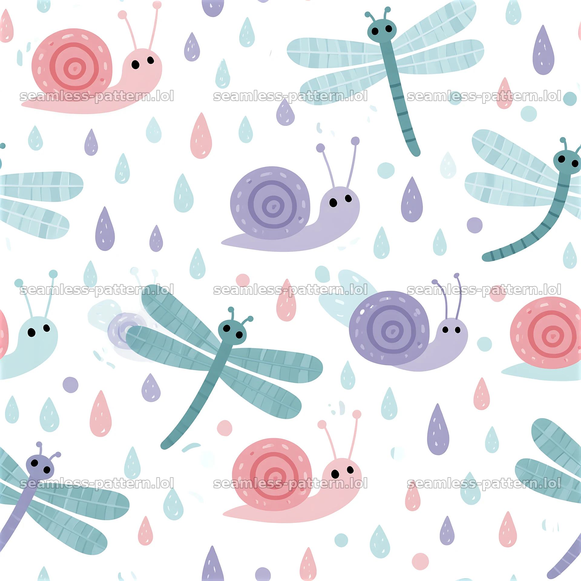 Cute garden insects seamless pattern with snails and dragonflies — seamless tileable pattern at 8192x8192