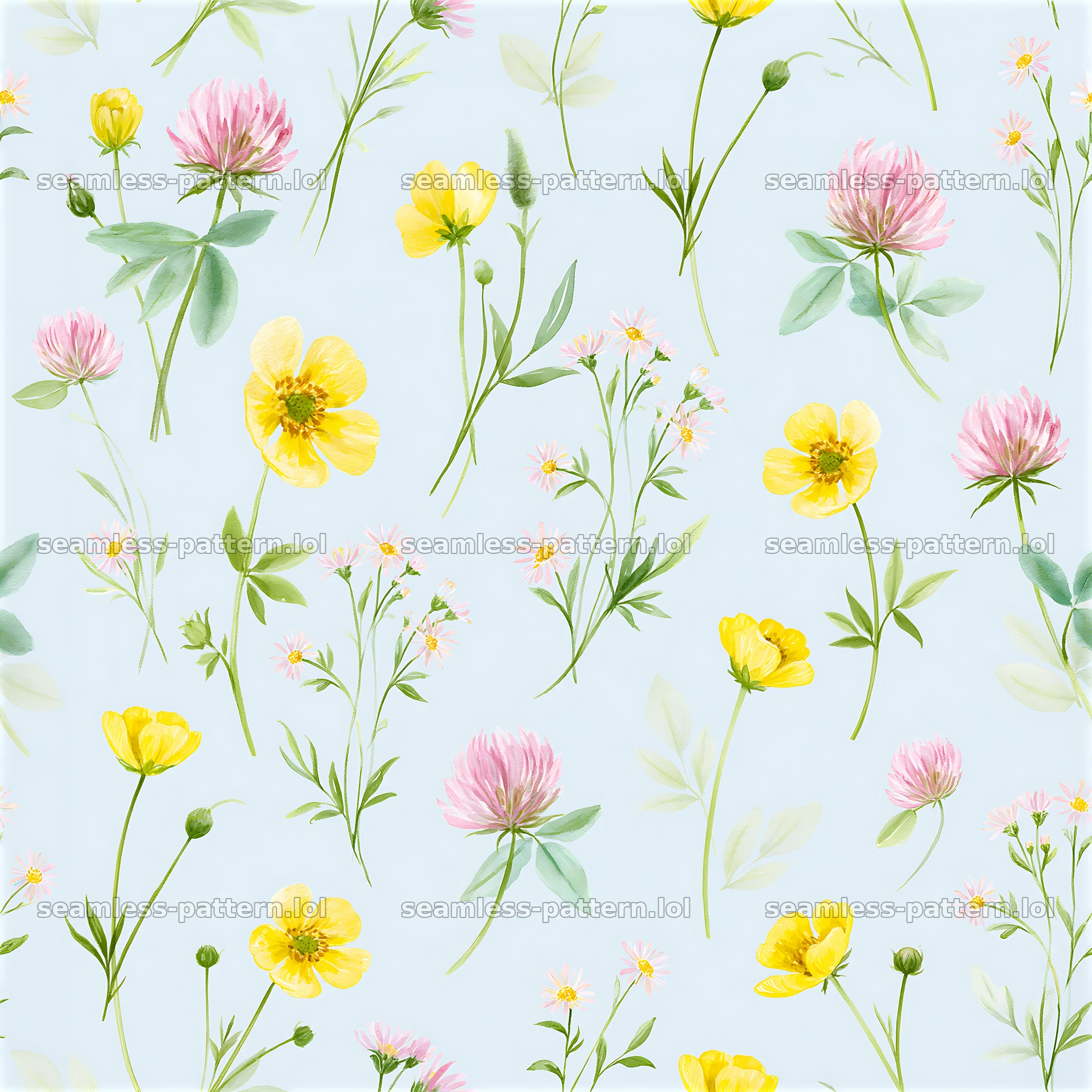 Meadow flower seamless pattern with yellow and pink blooms — seamless tileable pattern at 8192x8192