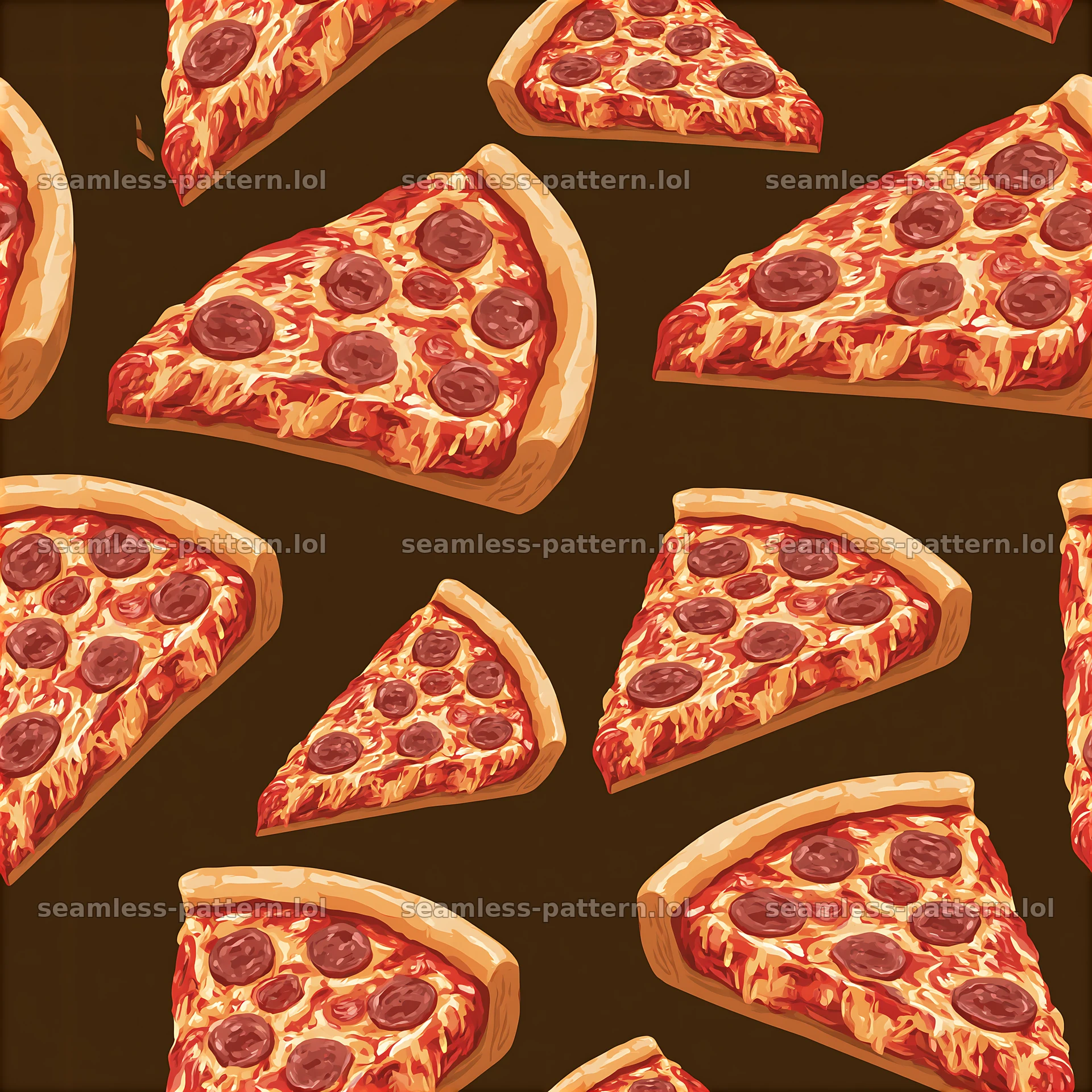 Seamless kitchen decor pizza pattern with slices on dark background — seamless tileable pattern at 8192x8192