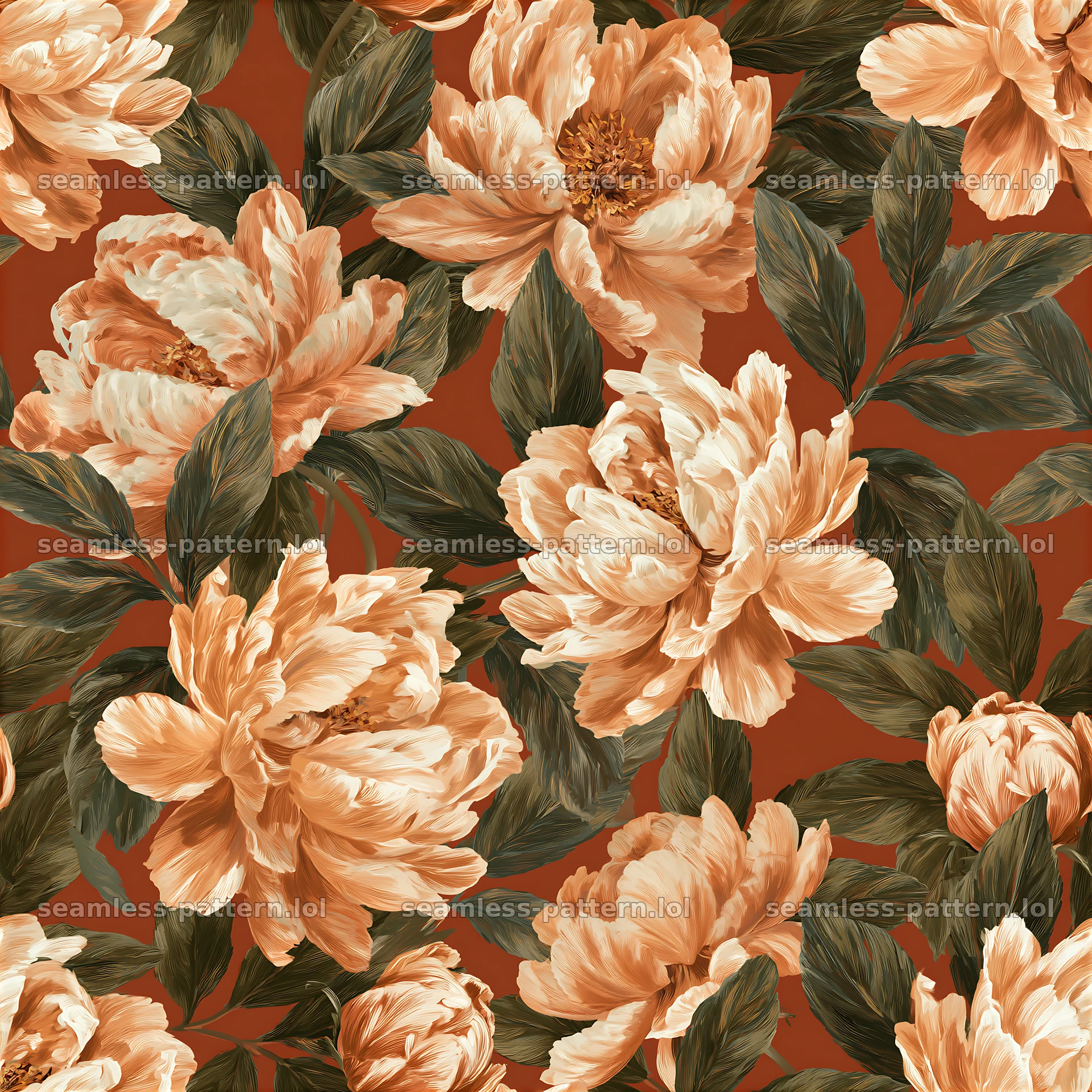 Peony repeat pattern with soft petals and green leaves on a brown background — seamless tileable pattern at 8192x8192