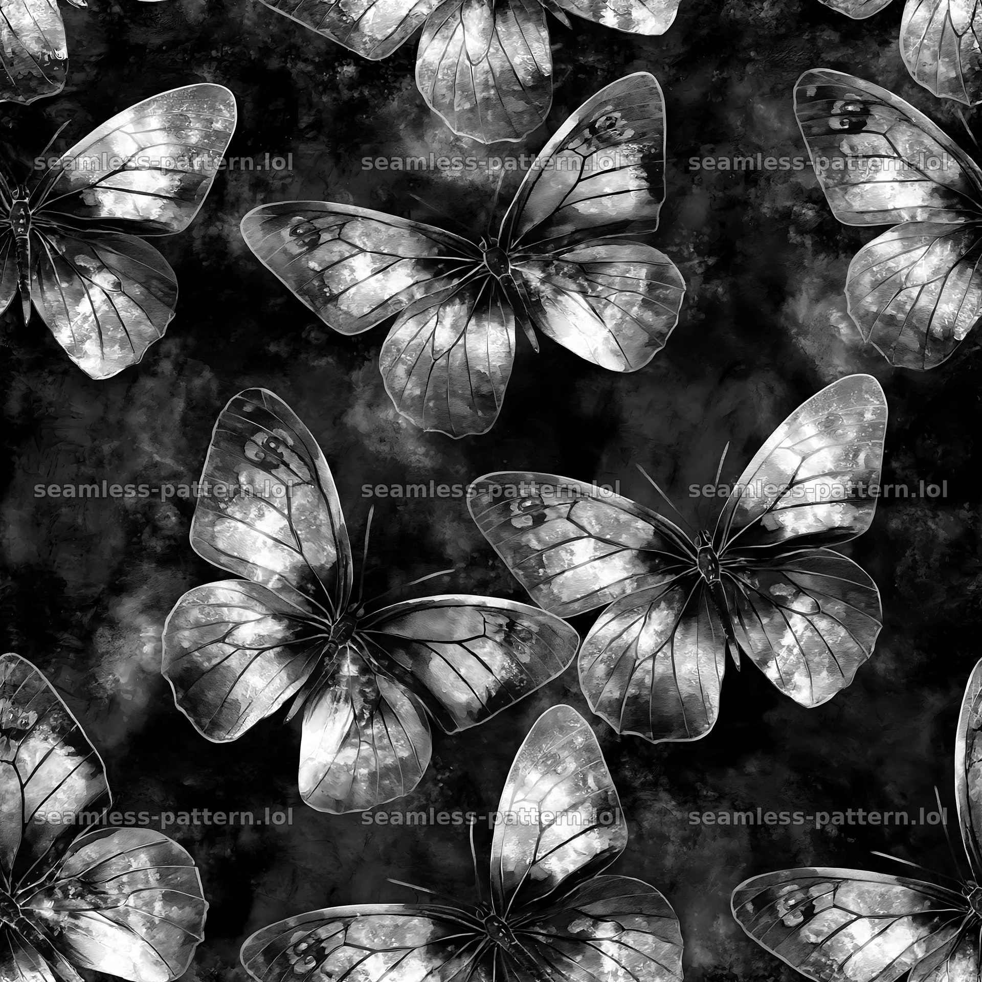 Watercolor butterfly seamless pattern in black and white — seamless tileable pattern