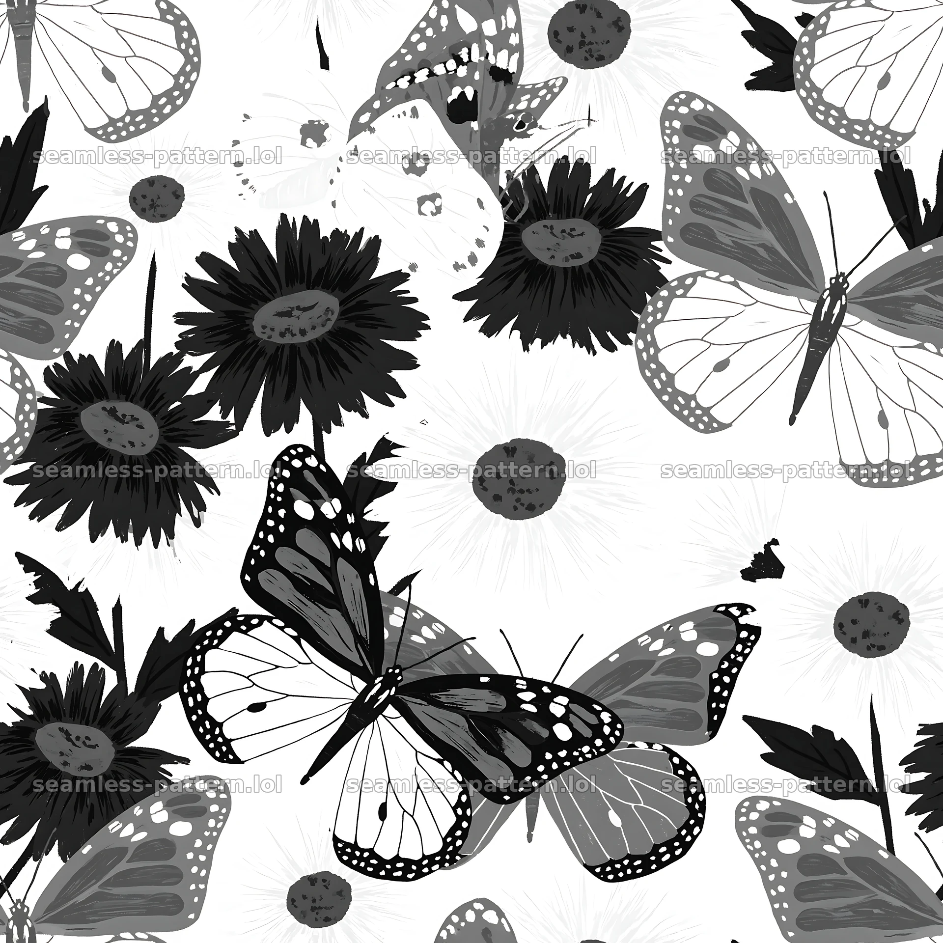 Butterfly and daisy seamless pattern in black and white — seamless tileable pattern