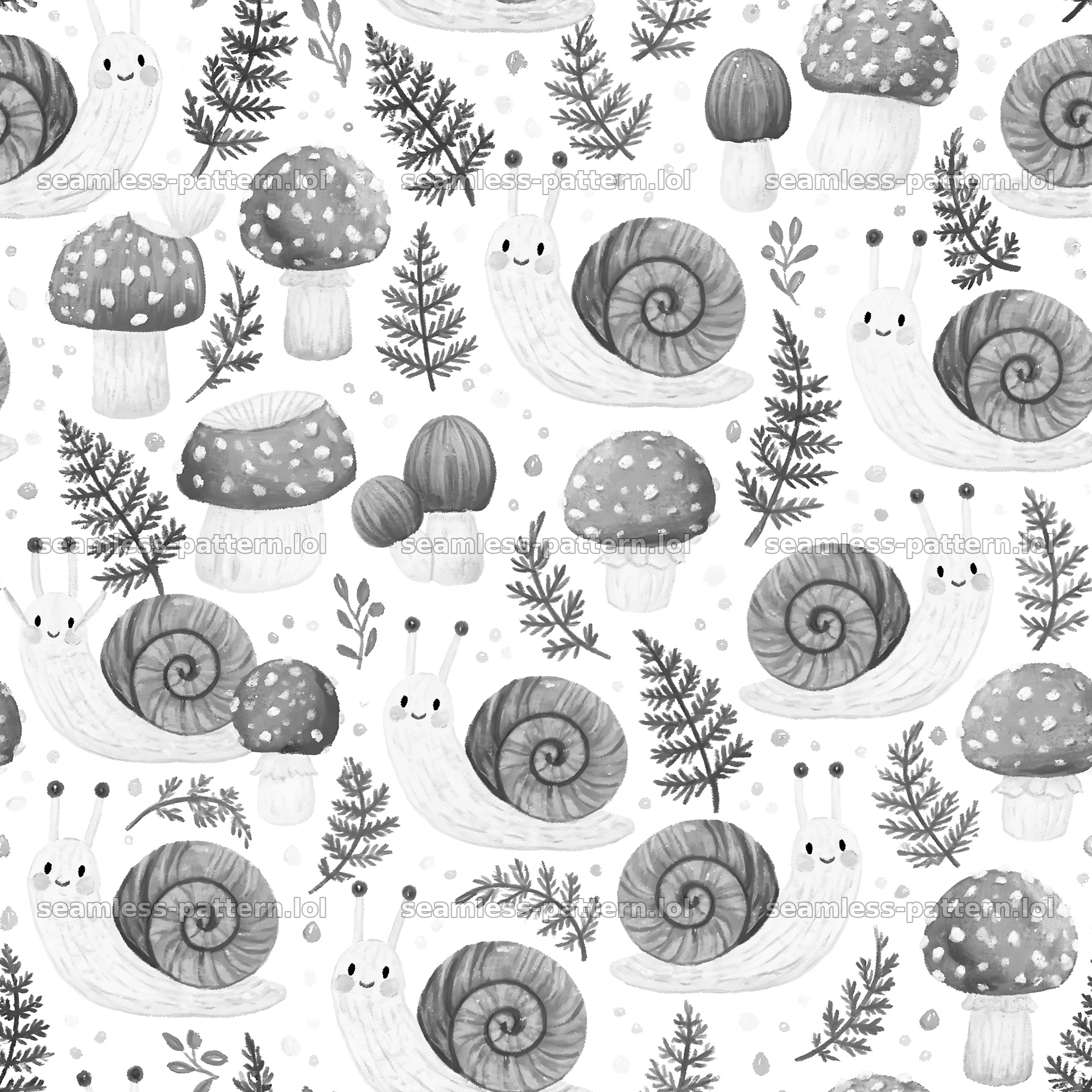 Seamless texture featuring cute snails and mushrooms — seamless tileable pattern