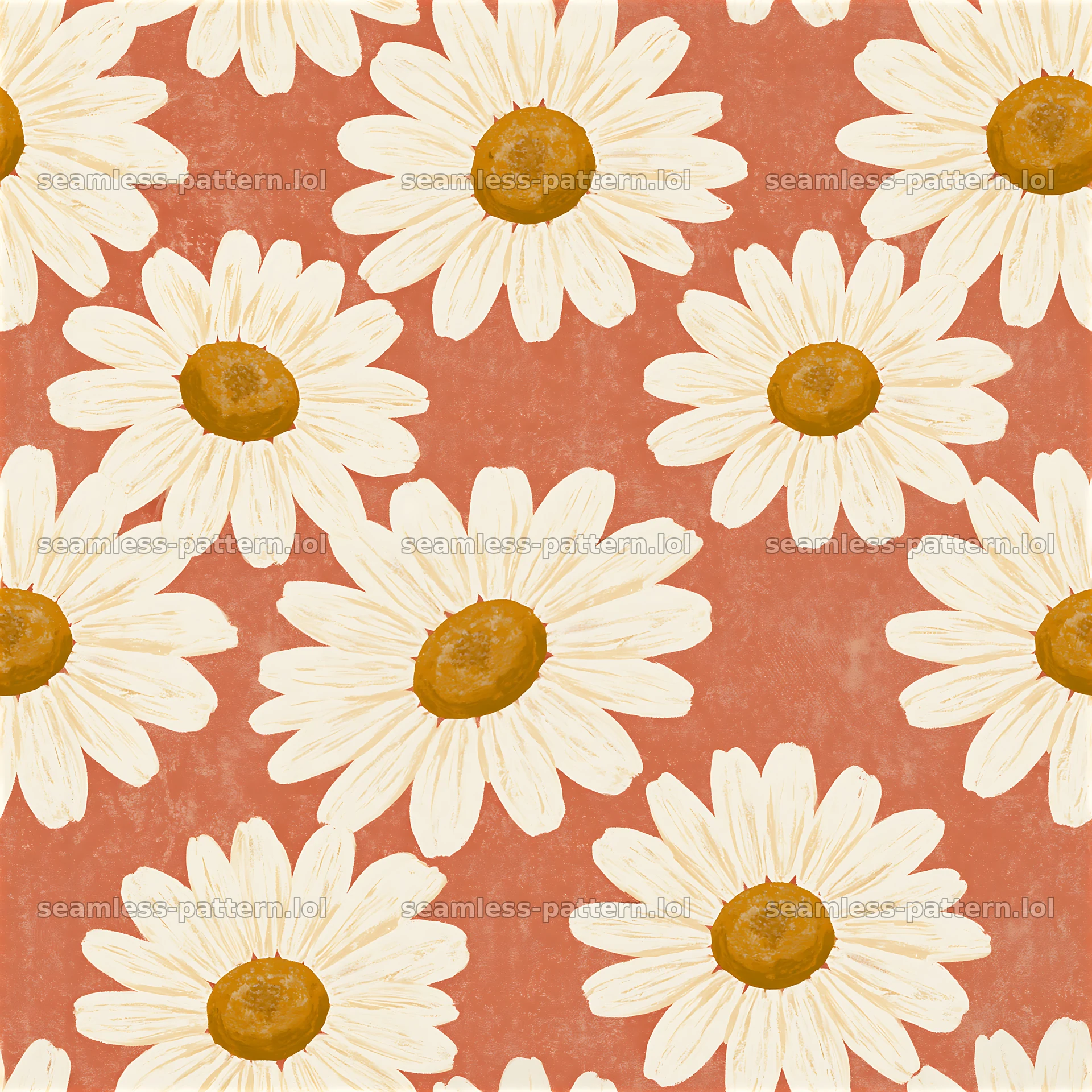 Daisy repeating pattern with orange background and brown centers — seamless tileable pattern at 8192x8192