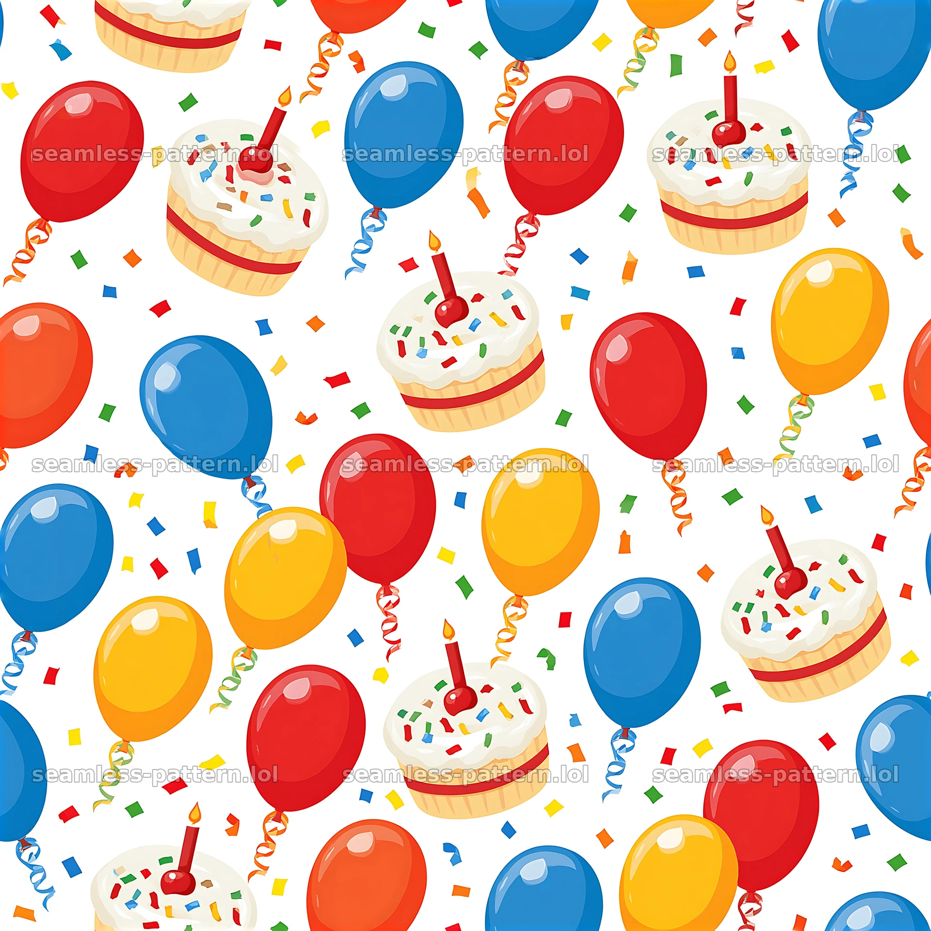 Colorful balloons and vintage birthday cake seamless pattern — seamless tileable pattern at 8192x8192