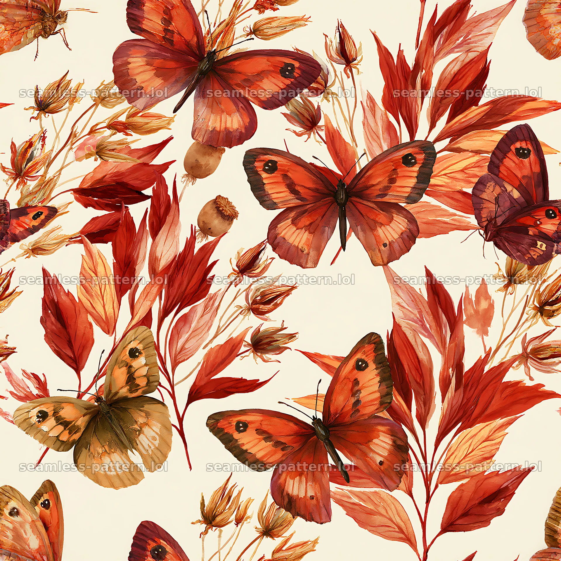 Watercolor butterfly seamless pattern with warm colors — seamless tileable pattern