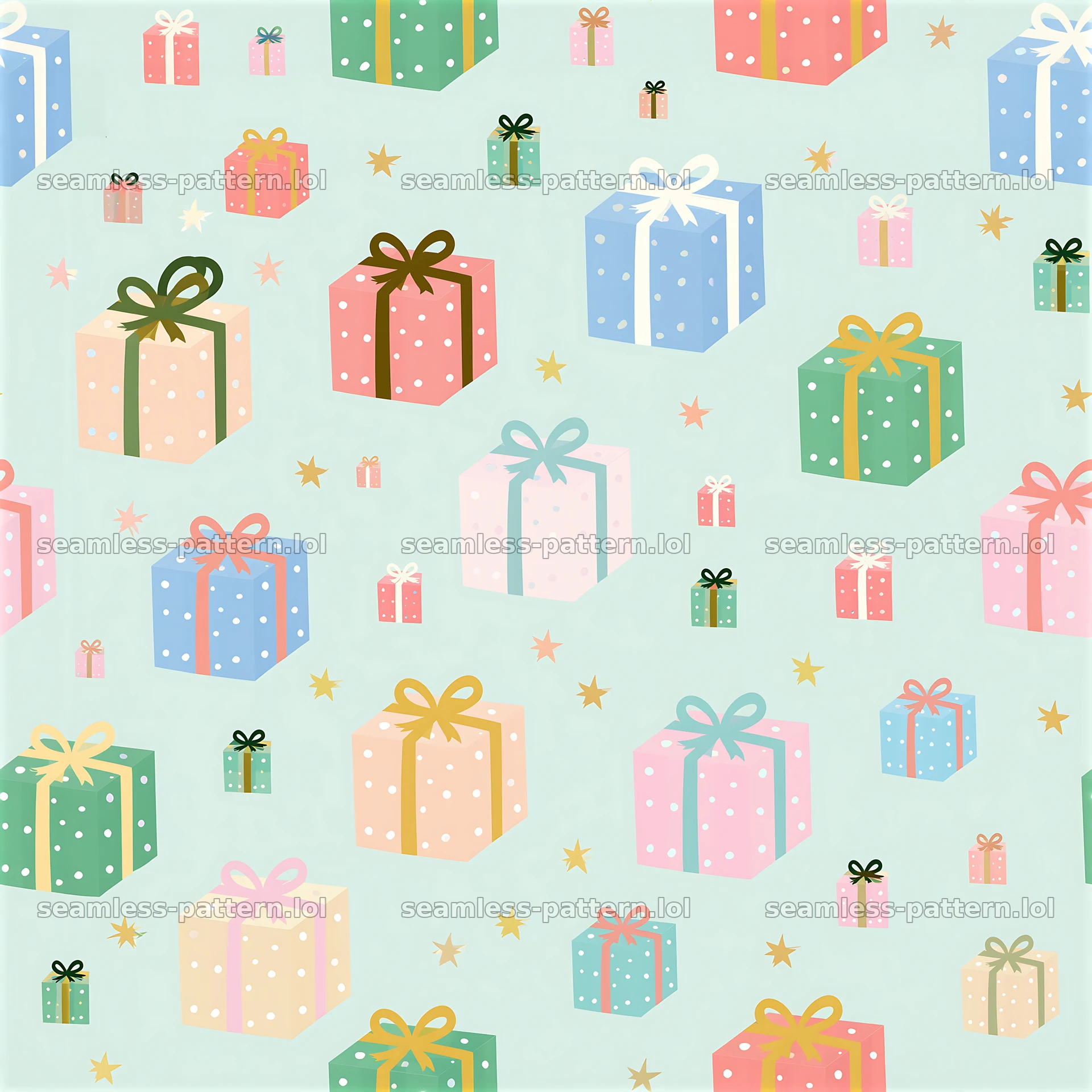 Seamless pattern with cute gift packages on a light green background — seamless tileable pattern at 8192x8192