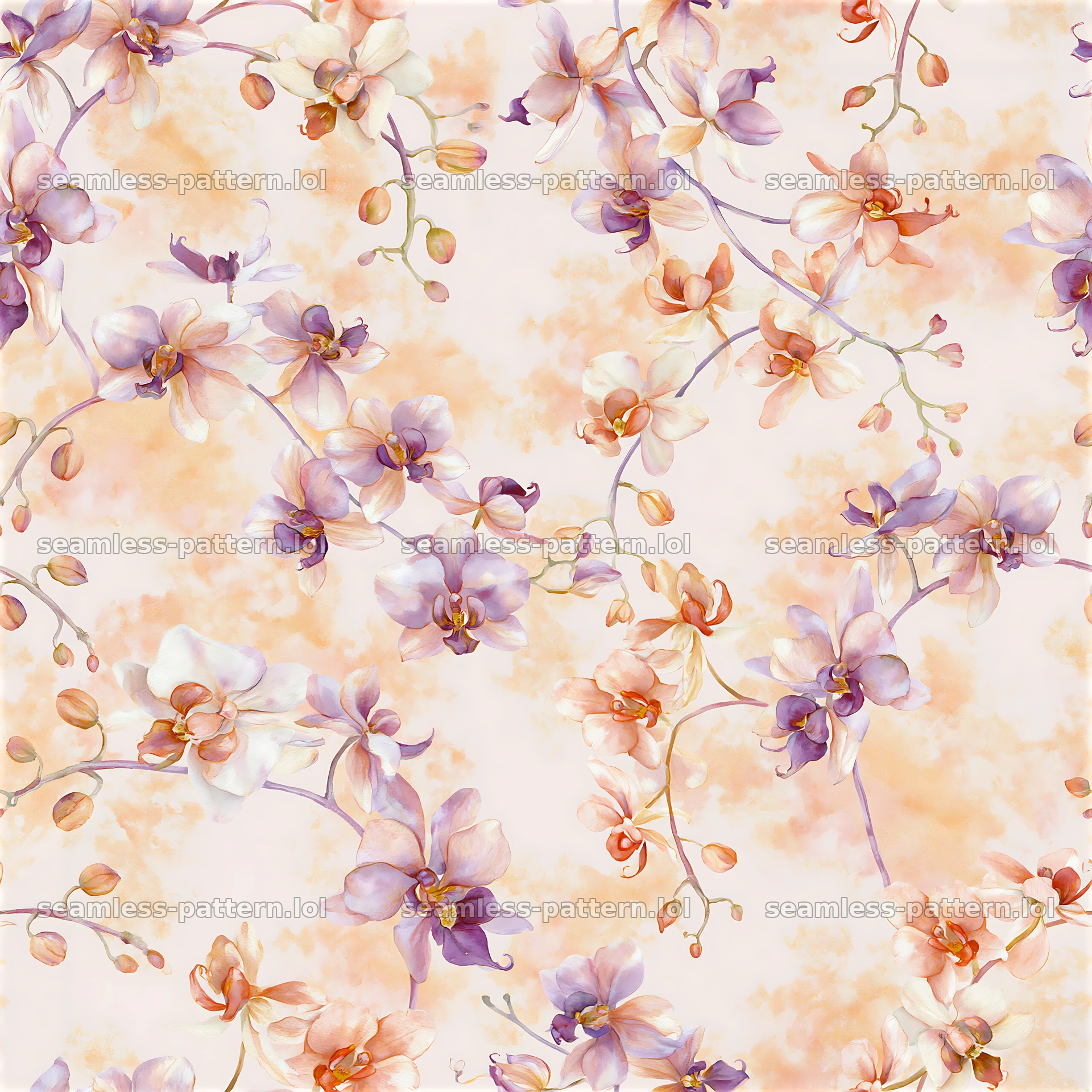 Repeating watercolor orchid pattern with soft pastel colors — seamless tileable pattern at 8192x8192