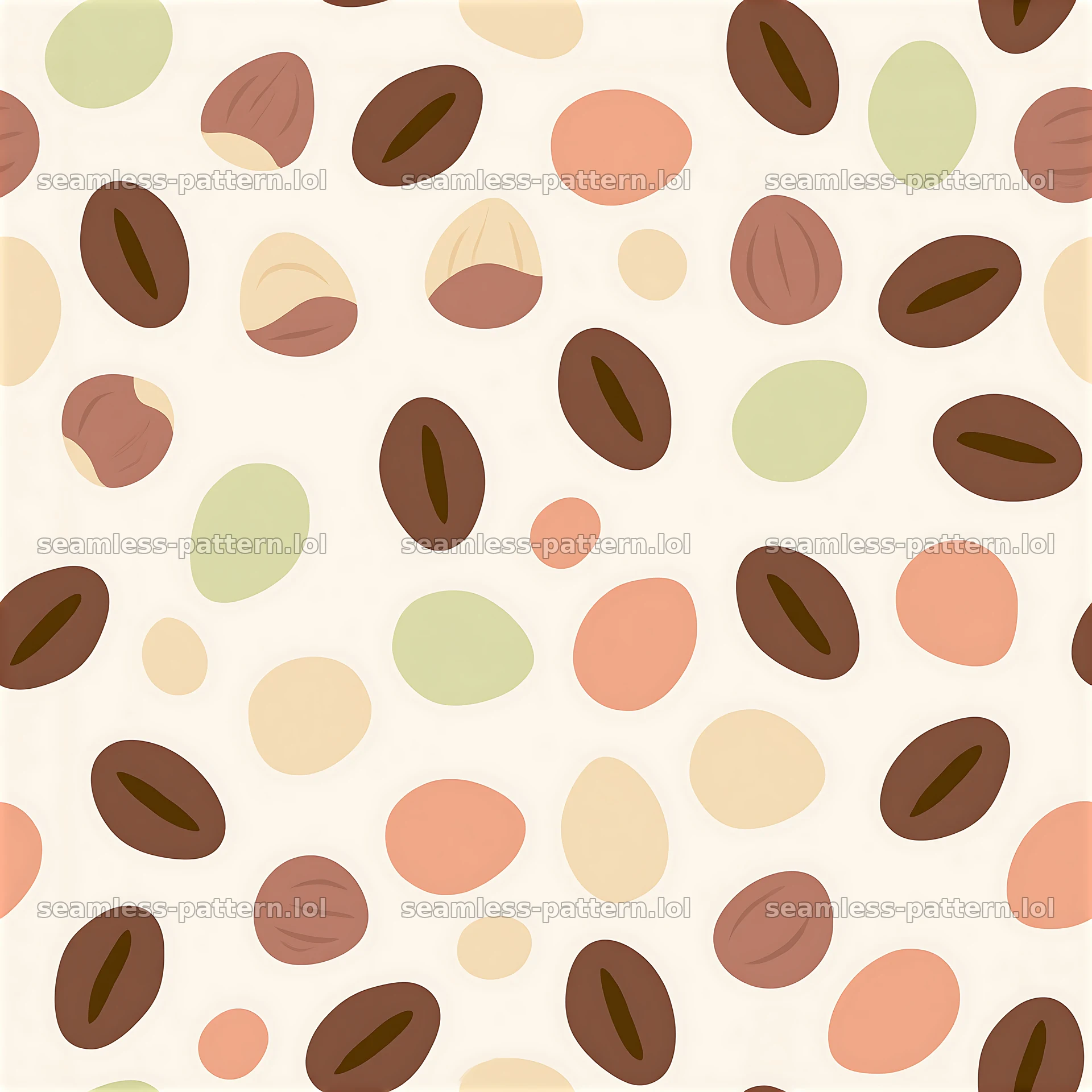 Seamless coffee beans and hazelnuts pattern in light colors — seamless tileable pattern at 8192x8192
