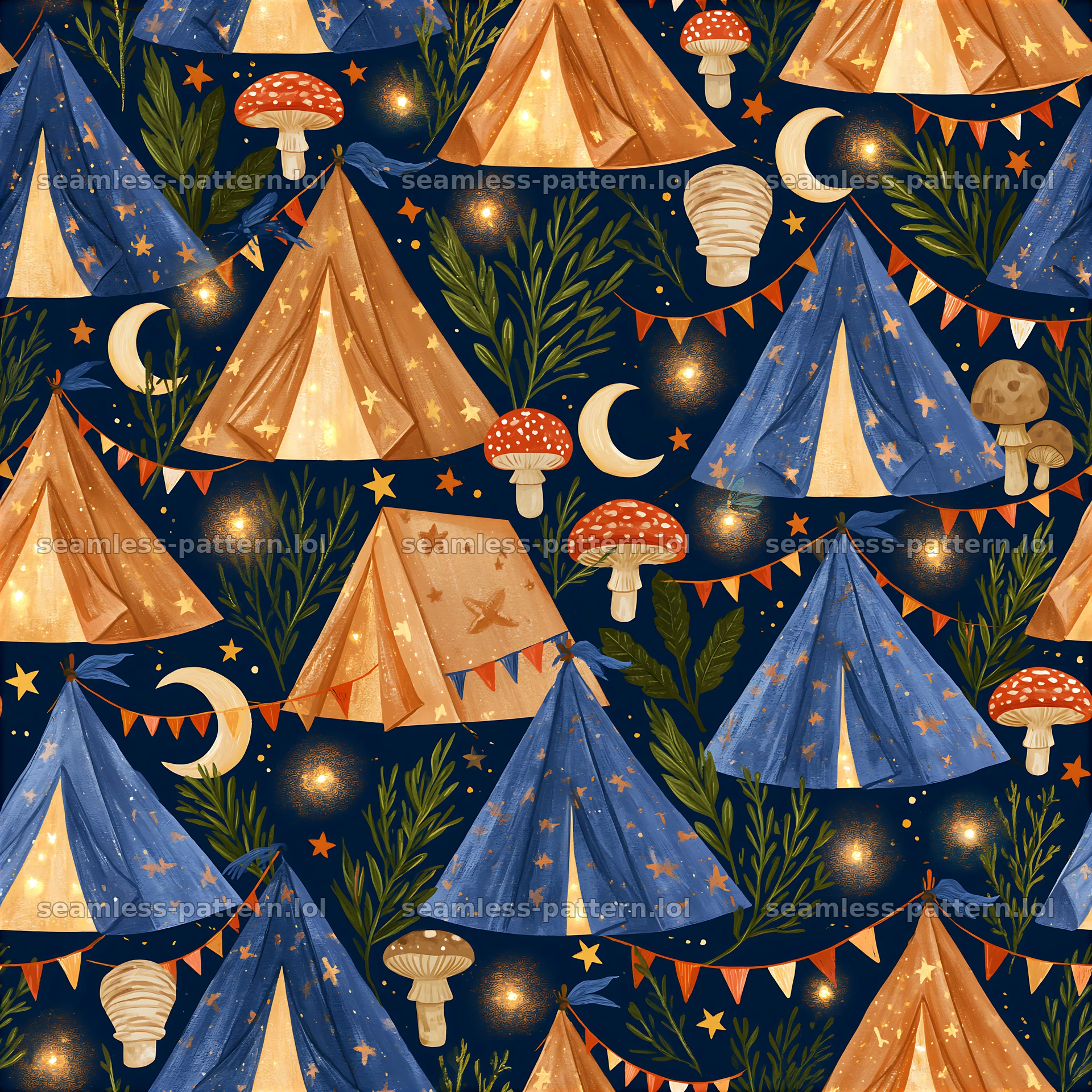 Cute tent seamless pattern for kids featuring tents and mushrooms — seamless tileable pattern at 8192x8192