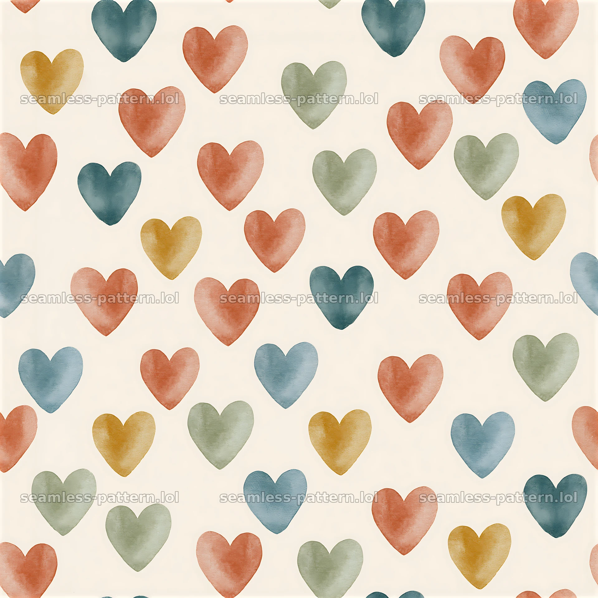 Seamless watercolor heart pattern with colorful hearts on light background — seamless tileable pattern at 8192x8192