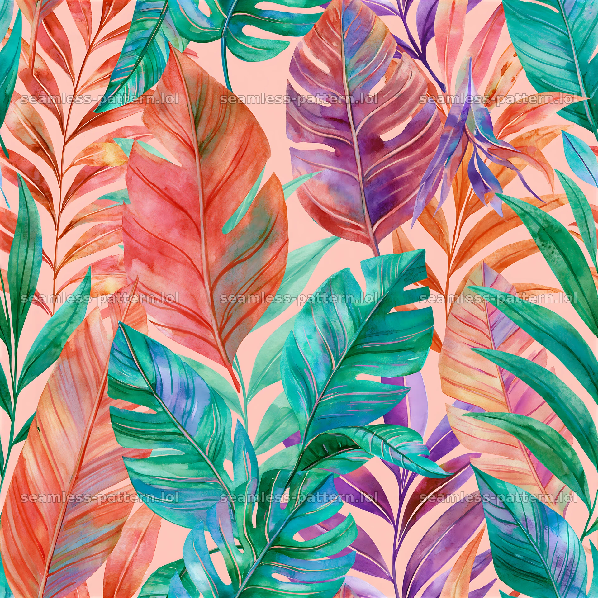 Bright watercolor leaves seamless pattern in vibrant colors — seamless tileable pattern at 8192x8192
