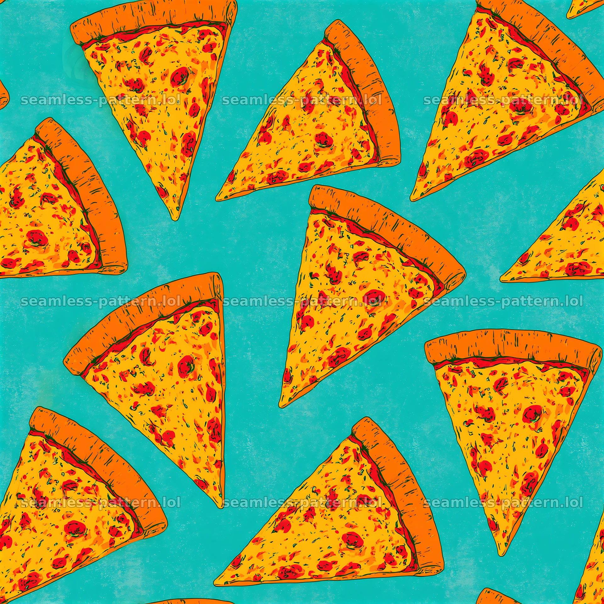 Seamless cheese pizza pattern with colorful slices on a blue background — seamless tileable pattern at 8192x8192