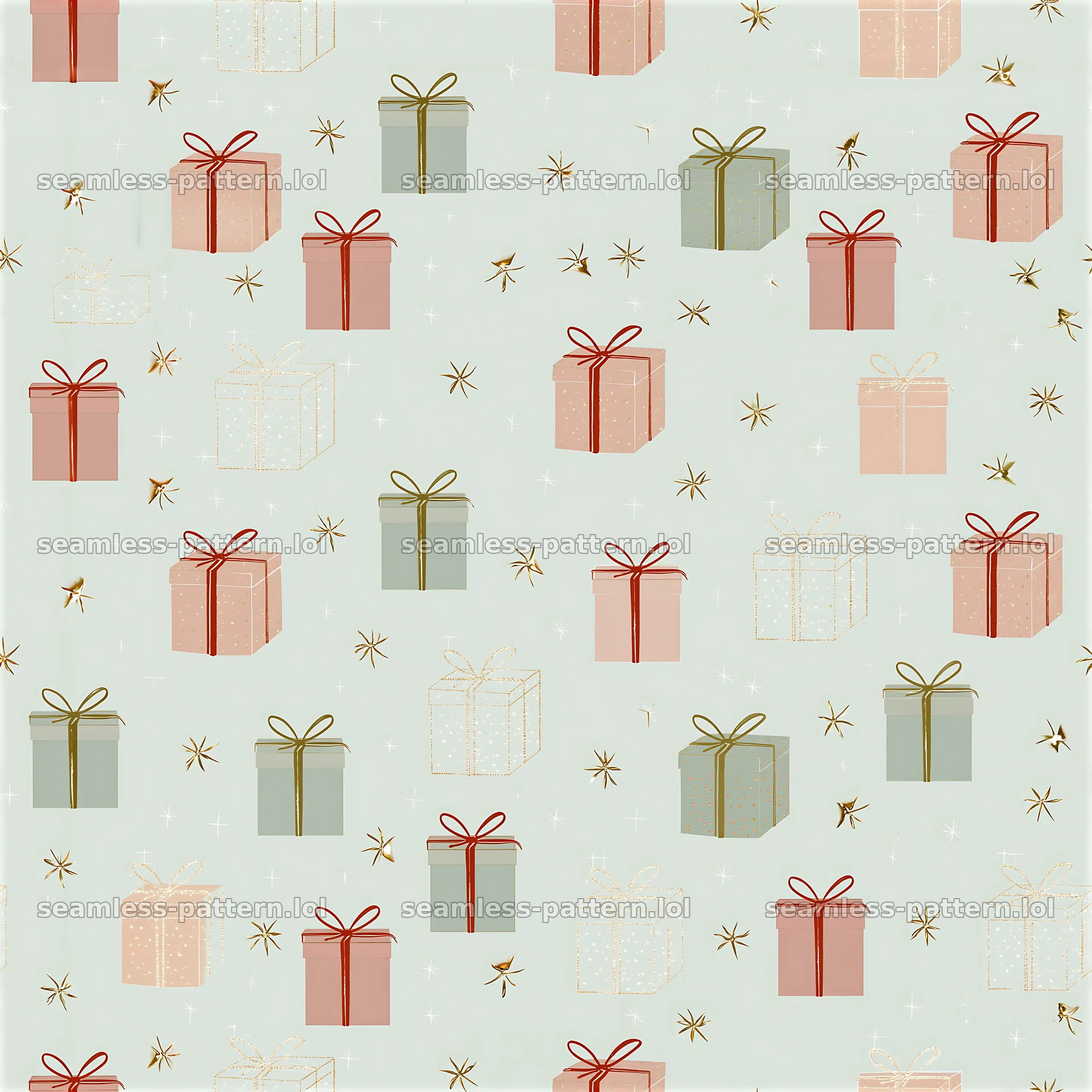 Tileable pattern of festive presents with metallic ribbons — seamless tileable pattern at 8192x8192