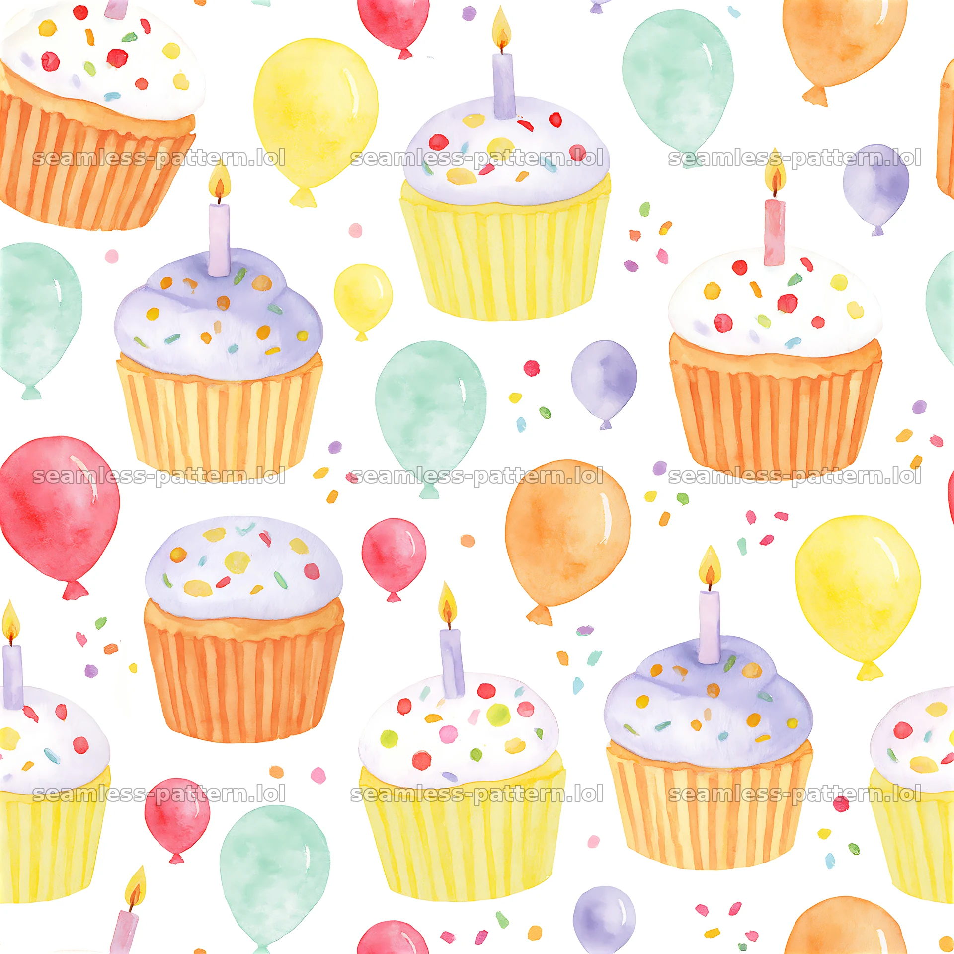 Birthday watercolor seamless pattern featuring cupcakes and balloons — seamless tileable pattern at 8192x8192