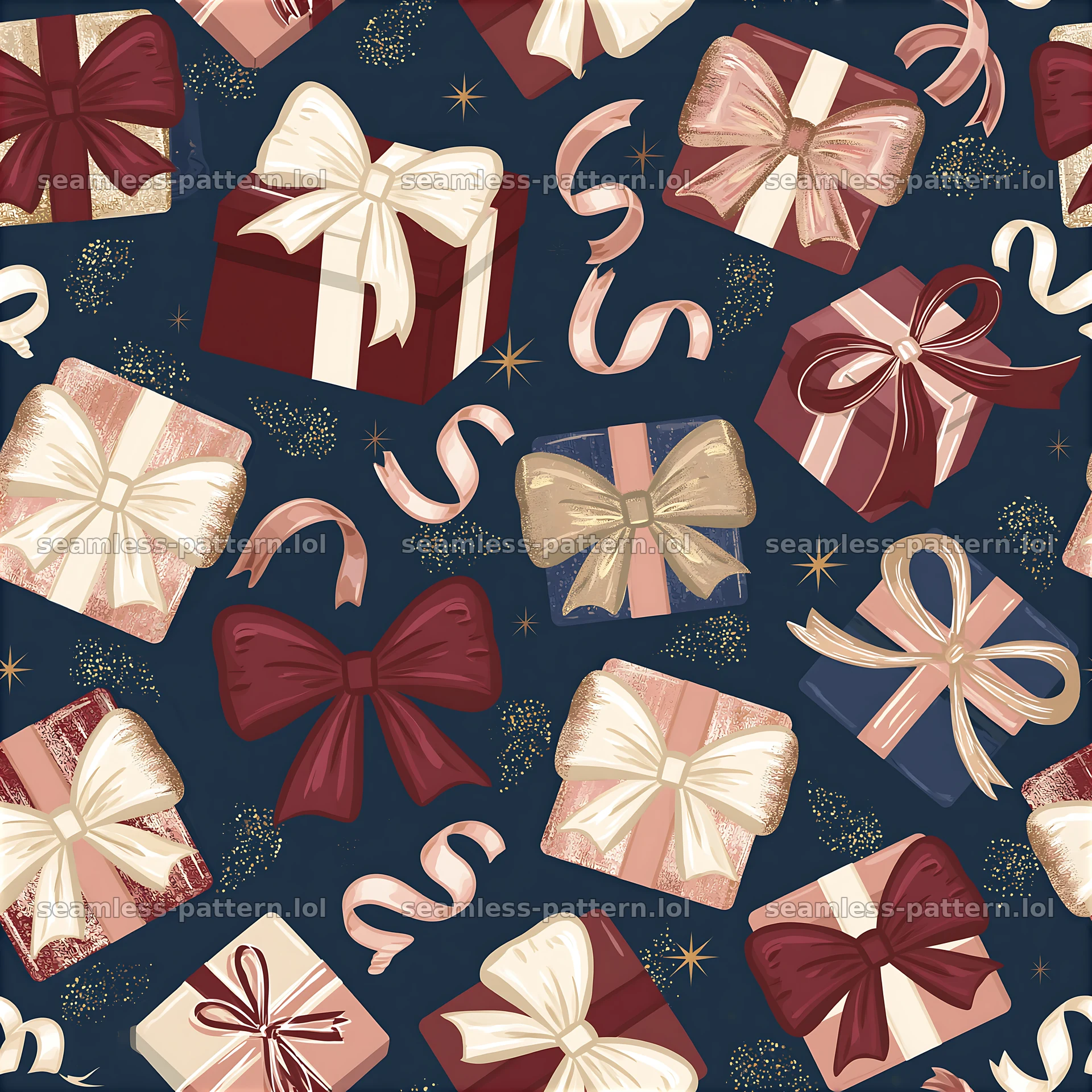 Pattern/birthday packaging repeat pattern with gift boxes and bows — seamless tileable pattern at 8192x8192