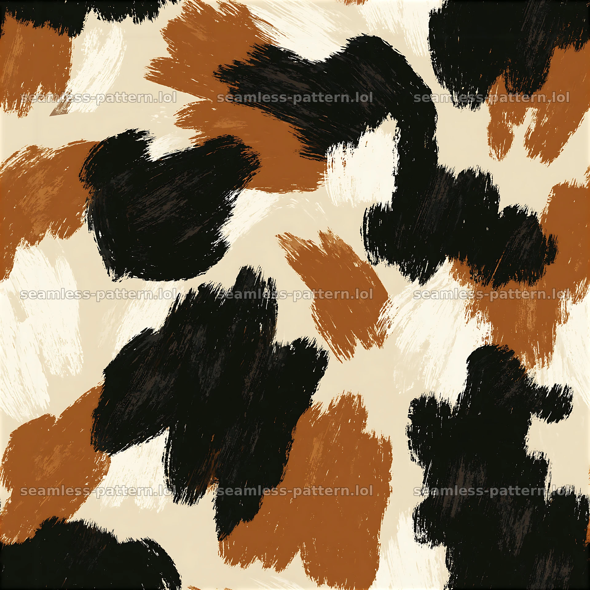 Seamless hand-drawn cowhide texture with brown and black patches — seamless tileable pattern at 8192x8192