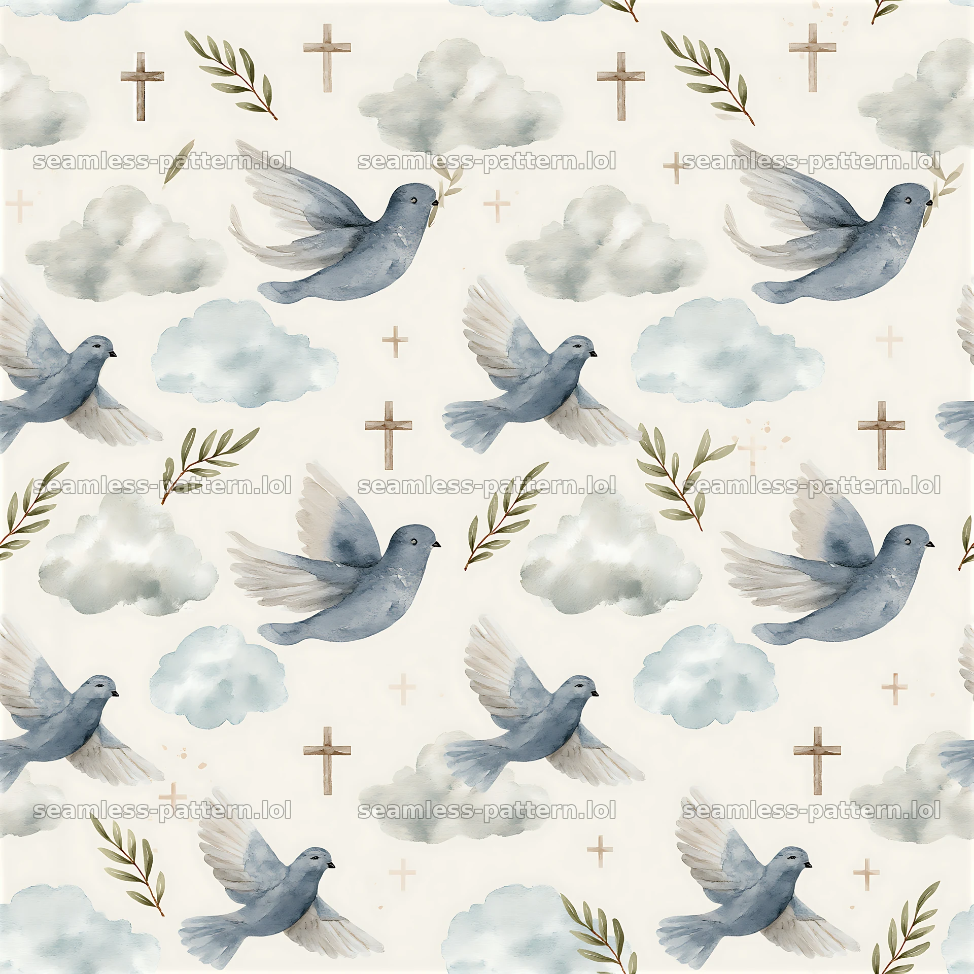 Seamless Christian faith pattern with watercolor doves for decor — seamless tileable pattern at 8192x8192