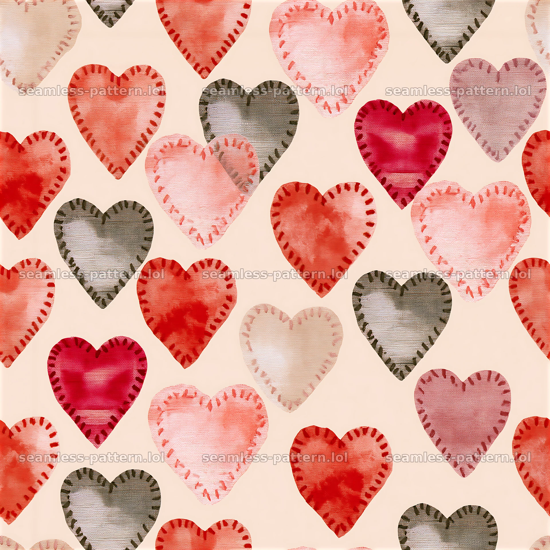 Stitched hearts repeating pattern features vibrant colors and soft shapes — seamless tileable pattern at 8192x8192