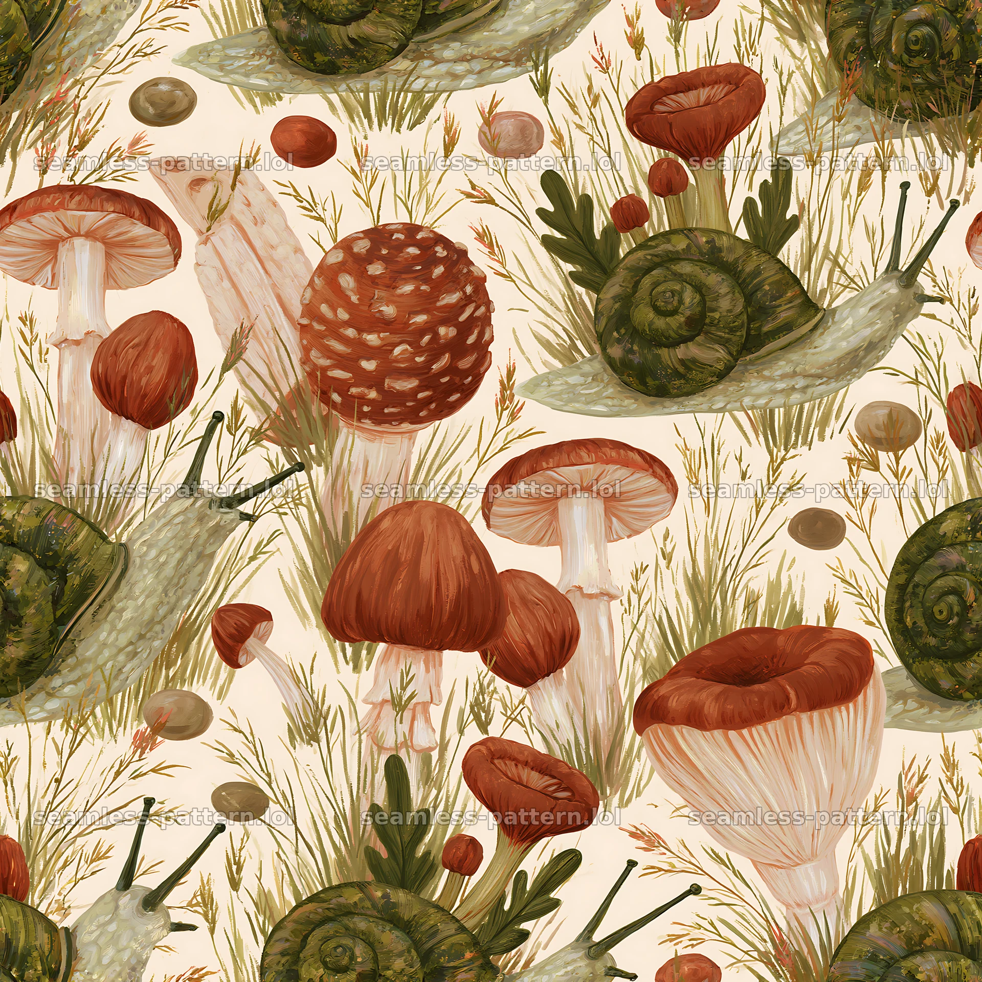 Seamless pattern featuring cute snails and mushrooms — seamless tileable pattern