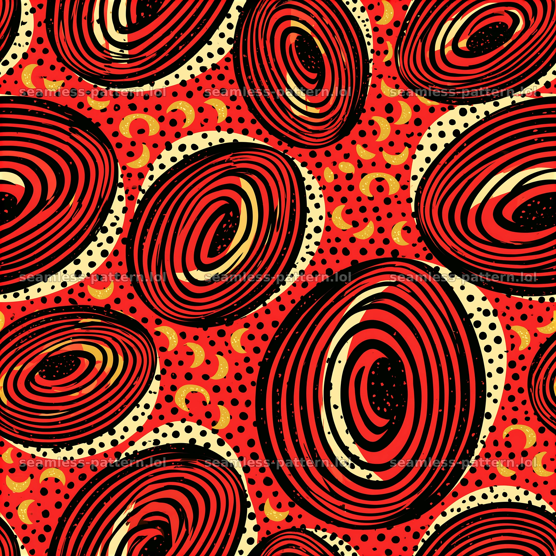 Funky retro black red gold seamless pattern with circular shapes — seamless tileable pattern at 8192x8192