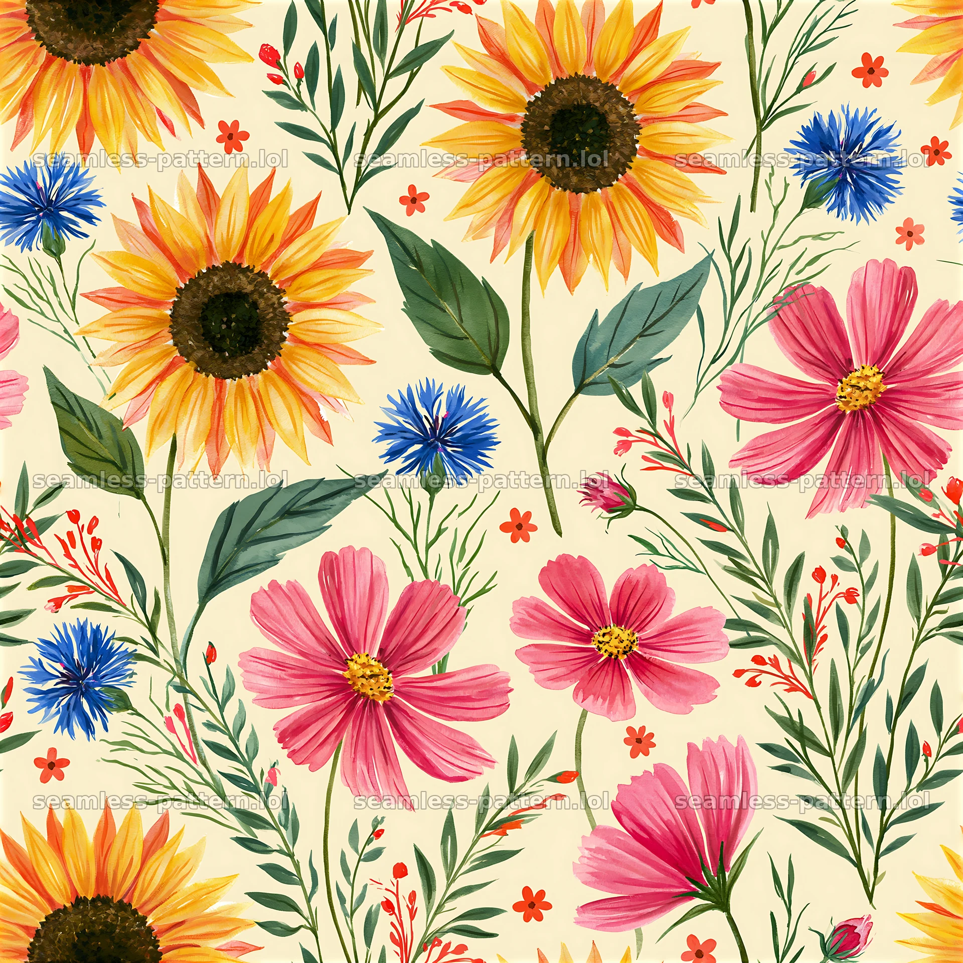 Colorful watercolor pattern with sunflowers and cosmos — seamless tileable pattern at 8192x8192
