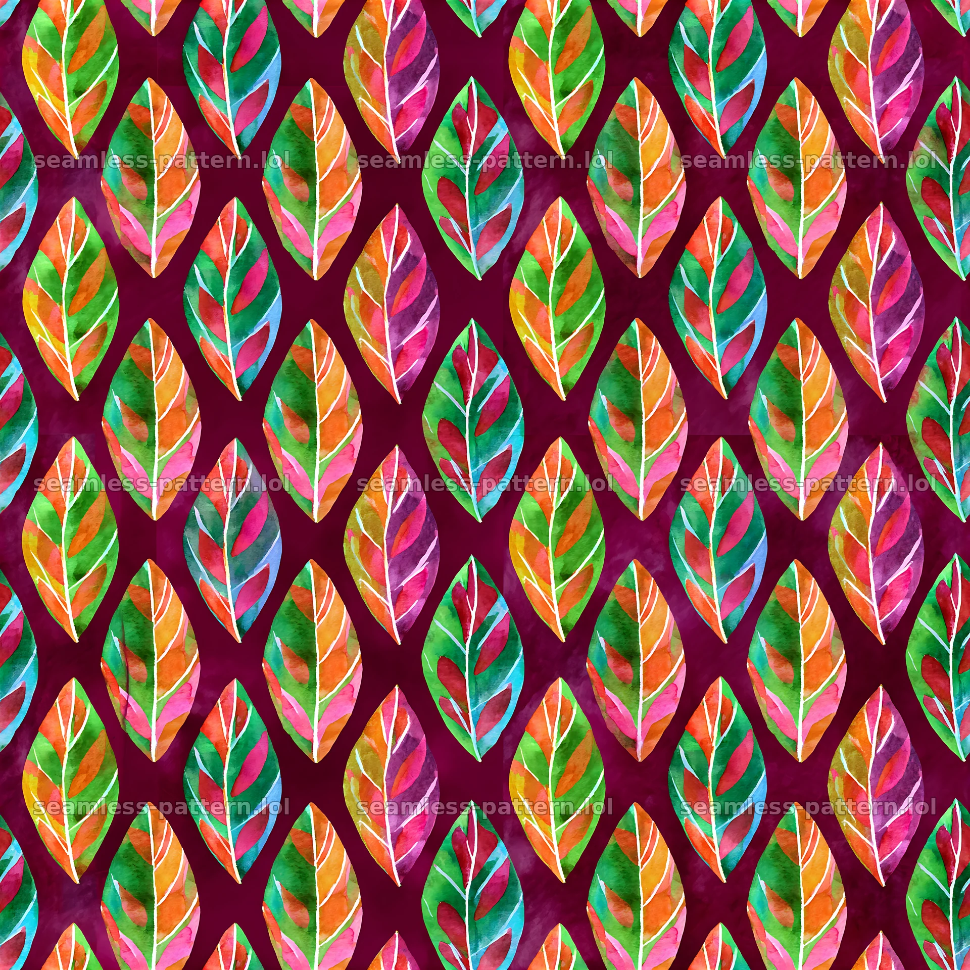 Bright watercolor leaves seamless pattern of colorful foliage — seamless tileable pattern at 8192x8192