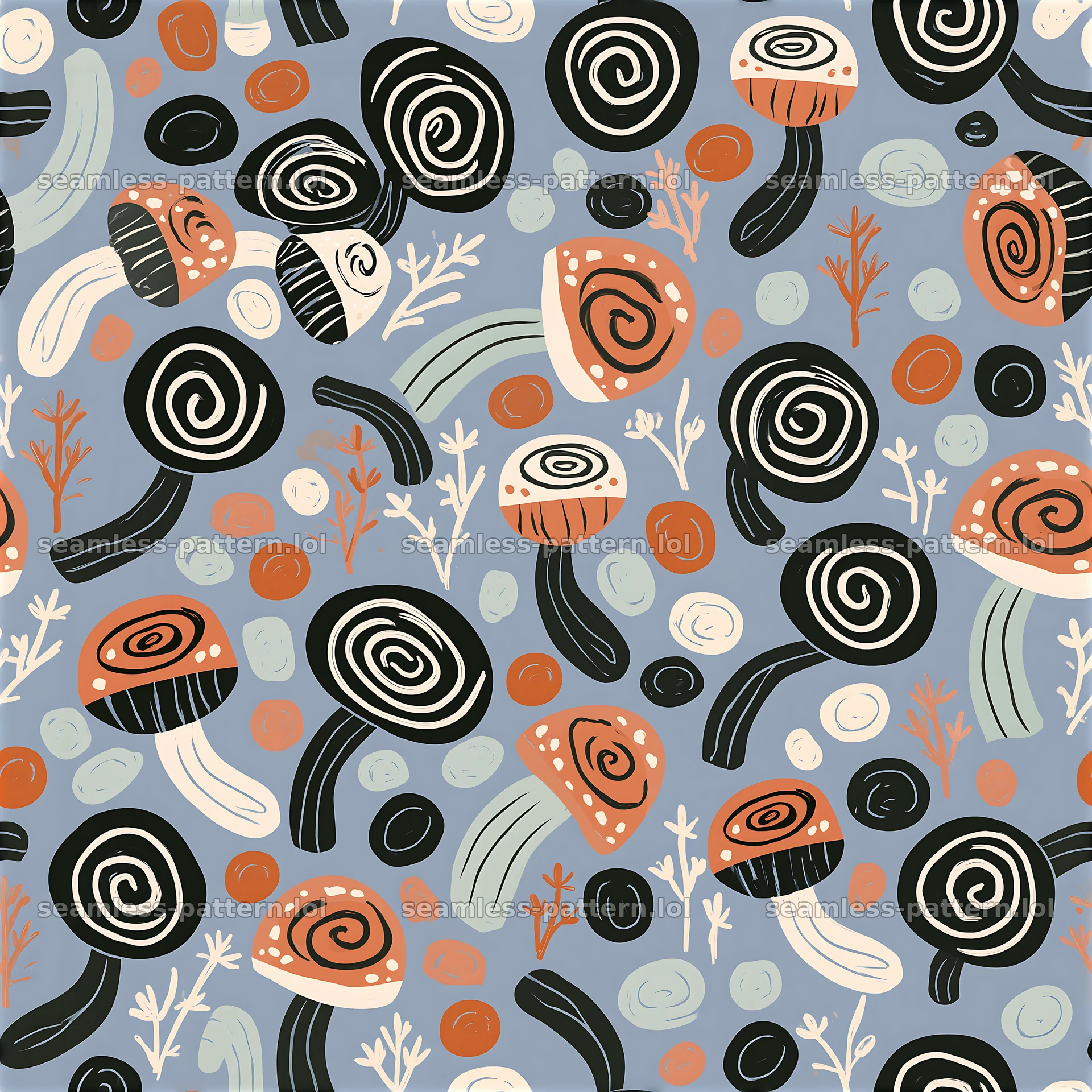 Funky mushroom tileable pattern with abstract mushrooms on a blue background — seamless tileable pattern at 8192x8192