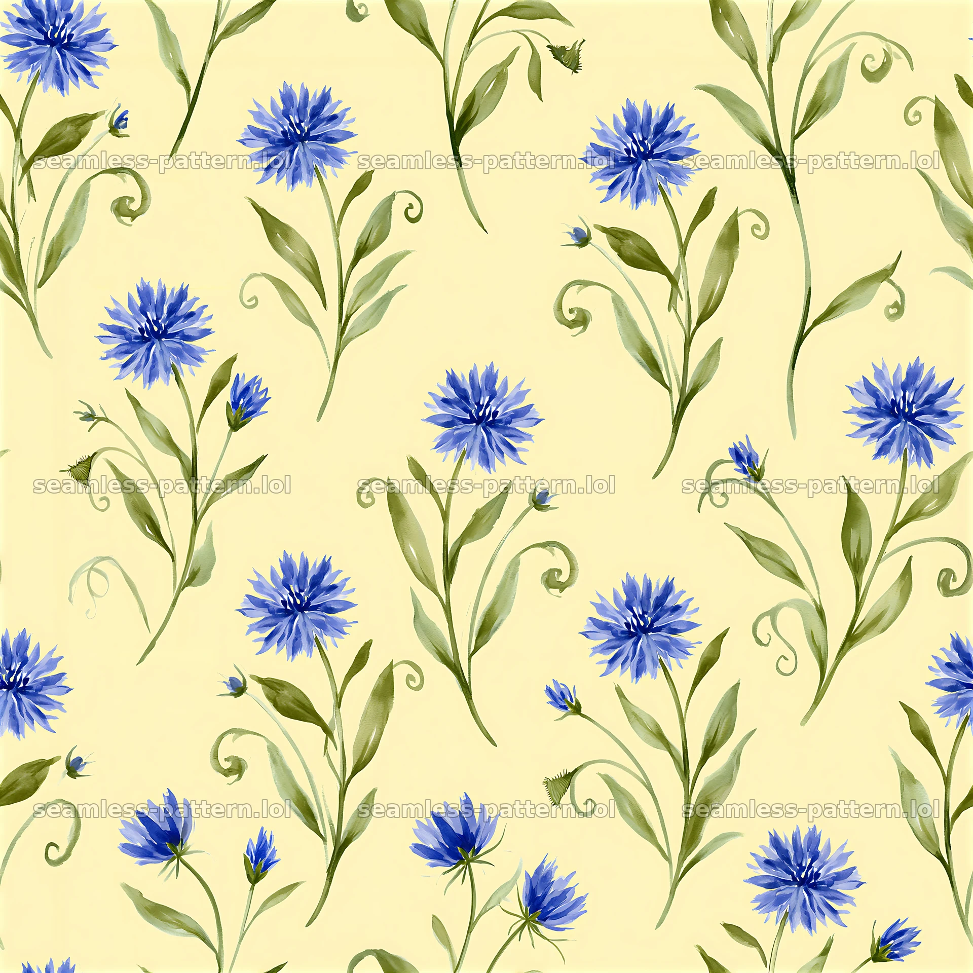 Repeating watercolor cornflower pattern on light yellow background — seamless tileable pattern at 8192x8192