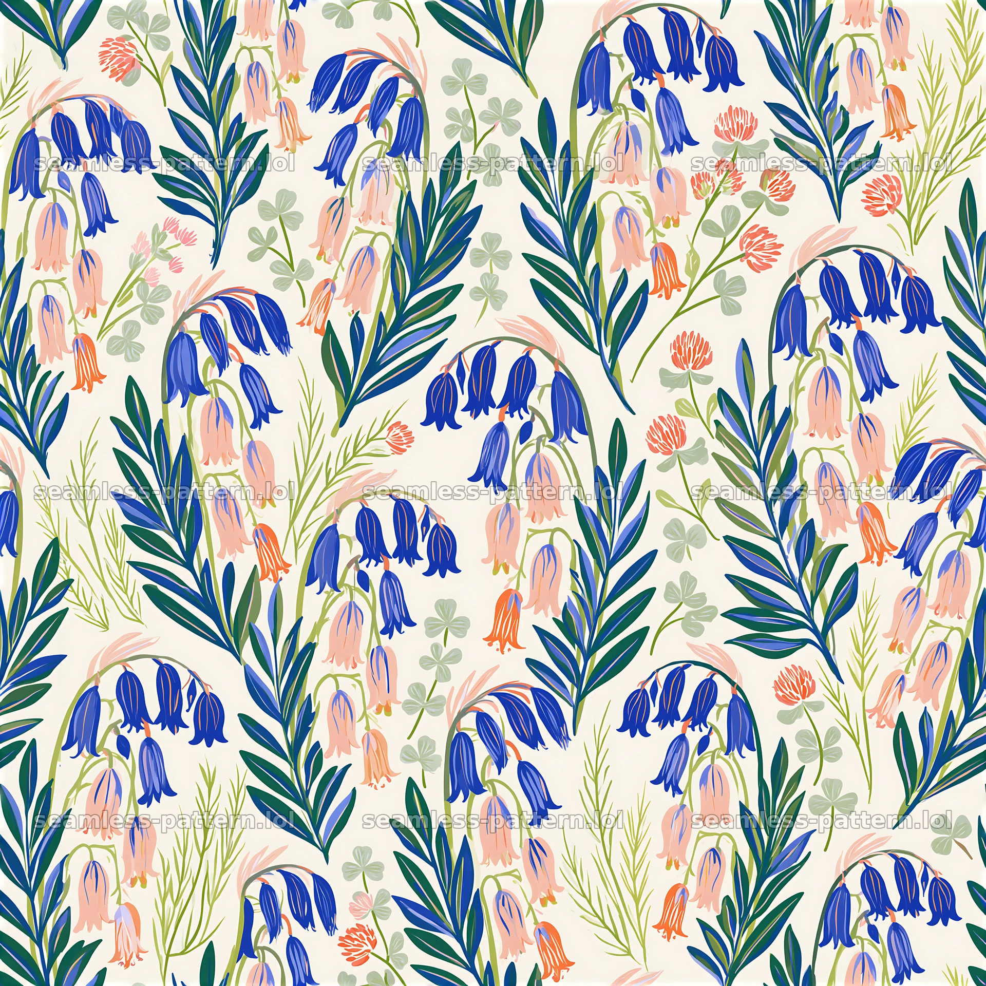 Bright botanical repeat pattern with bluebell flowers and green leaves — seamless tileable pattern at 8192x8192