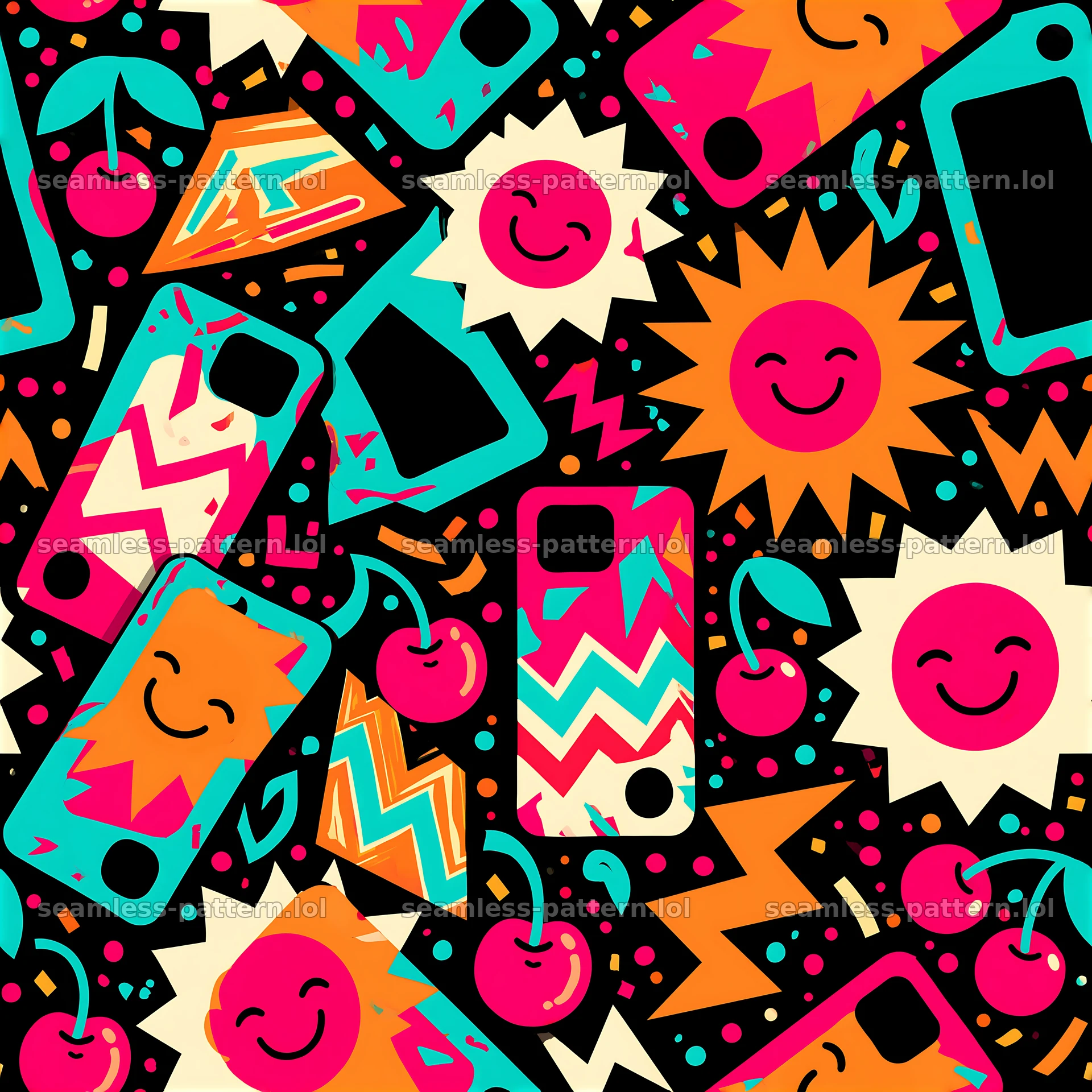 Funky phone case seamless pattern with bright colors and playful elements — seamless tileable pattern at 8192x8192