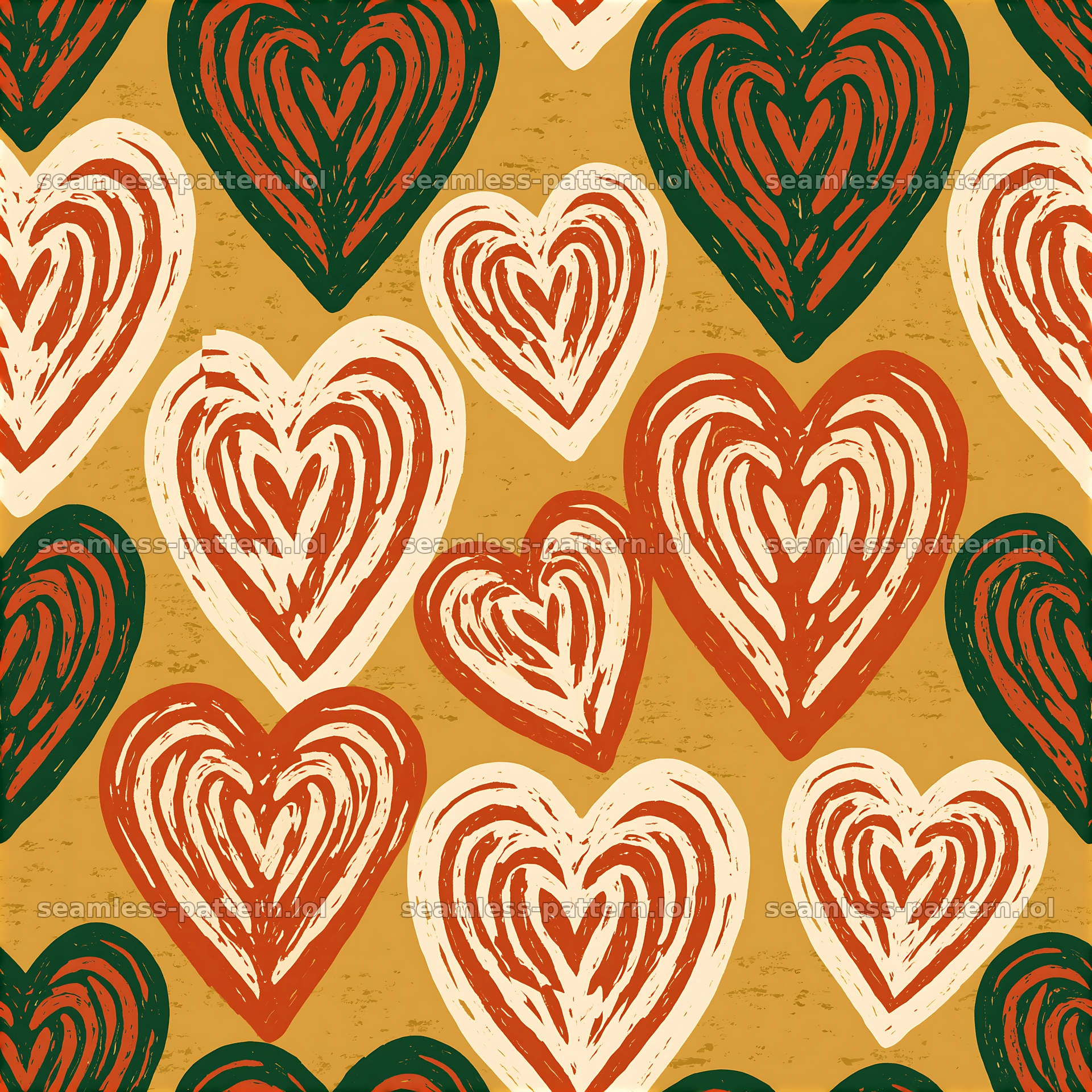 Seamless hearts pattern on a textured golden background — seamless tileable pattern at 8192x8192