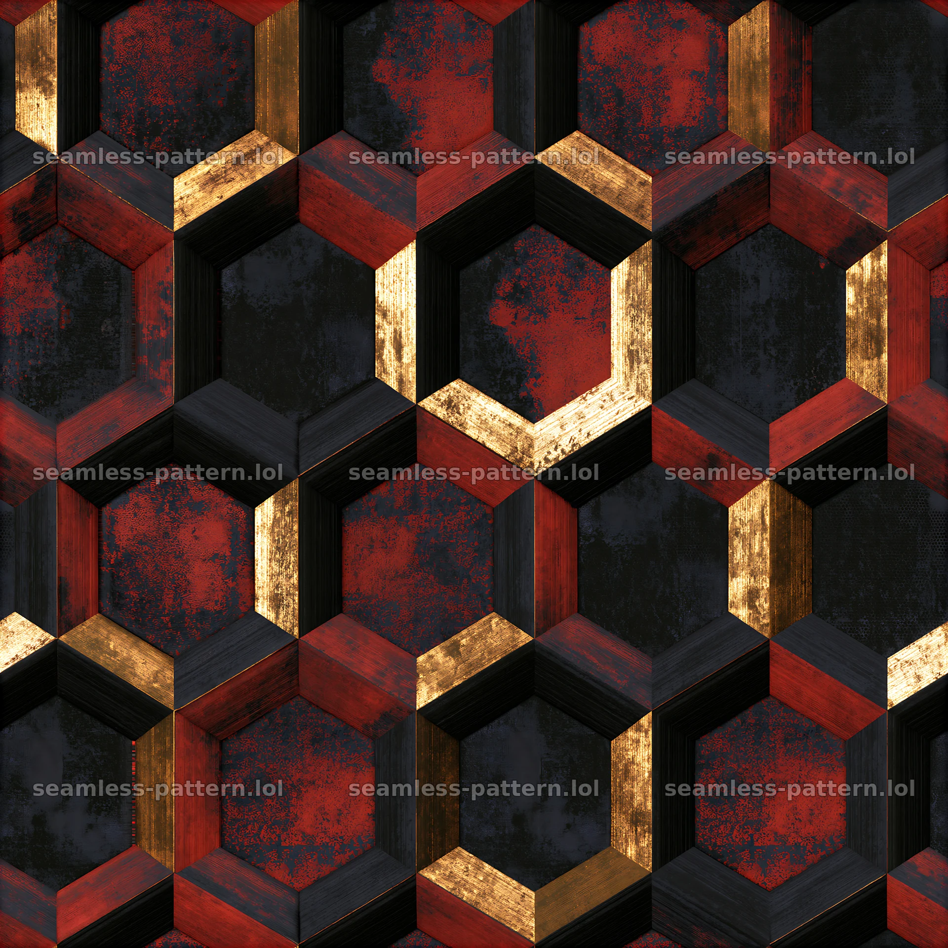 Hexagon black red gold seamless pattern creates a unique visual effect — seamless tileable pattern at 8192x8192